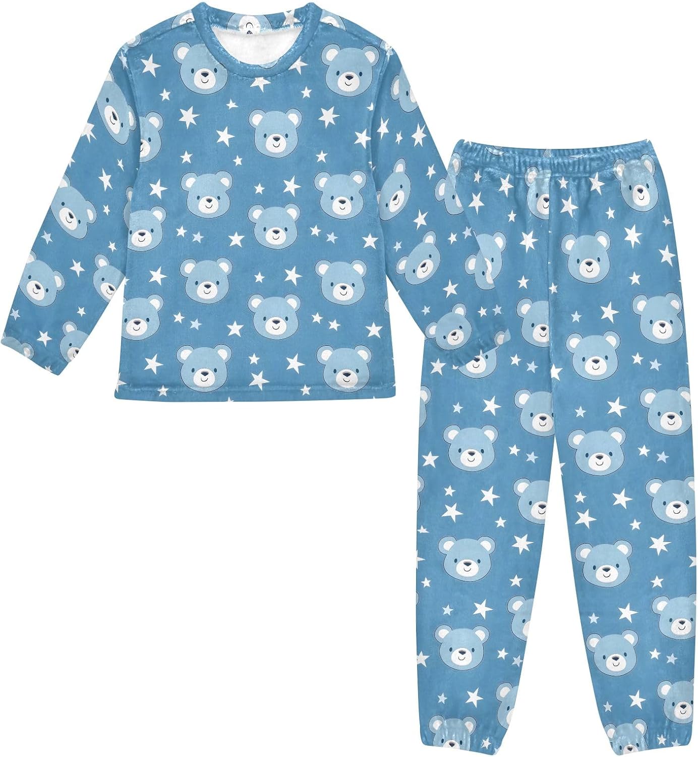 Kids Flannel Sets Blue Little Bear Pattern and Stars Warm Plush Relaxed Clothing for Boys and Girls