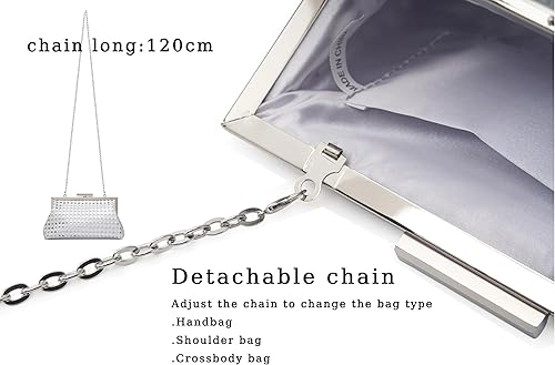 Miniatura 5 de Bolso de mano tejido para mujer con cadena desmontable, elegante bolso de noche para fiestas, bodas y cócteles Plateado