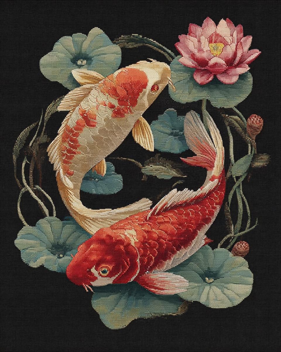WallustrioaW Cross Stitch Stamped Kits,Lotus Koi,Pre-Printed Cross-Stitching Starter Pattern for Beginners Adults,11CT Embroidery Needlepoint Kits,40x50cm