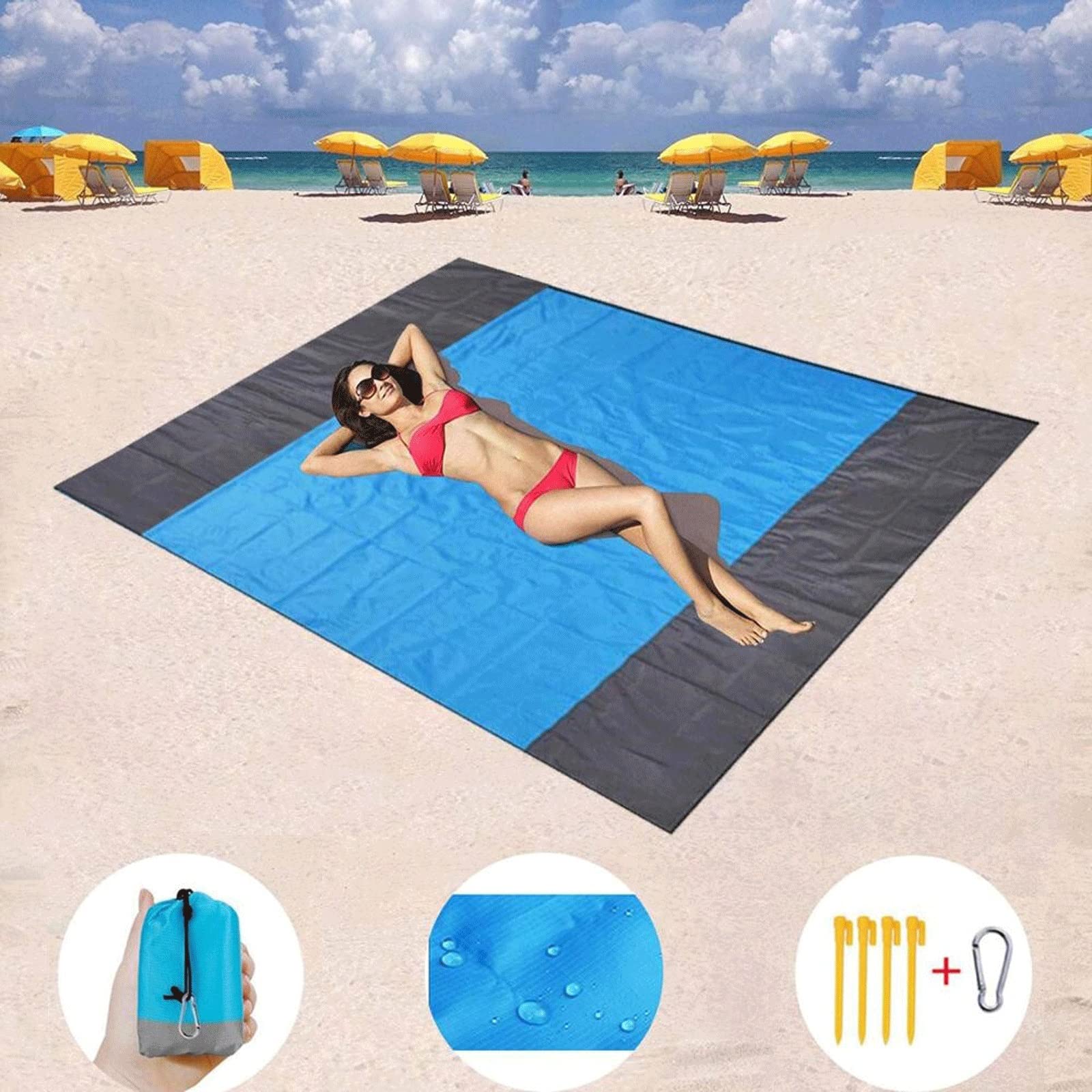 NIC Wodoodporny koc plażowy bez piasku, przenośna składana mata kempingowa, pokrowiec na namiot na zewnątrz, miękka pościel na plażę i w podróż, niebieski, 200 x 140 cm