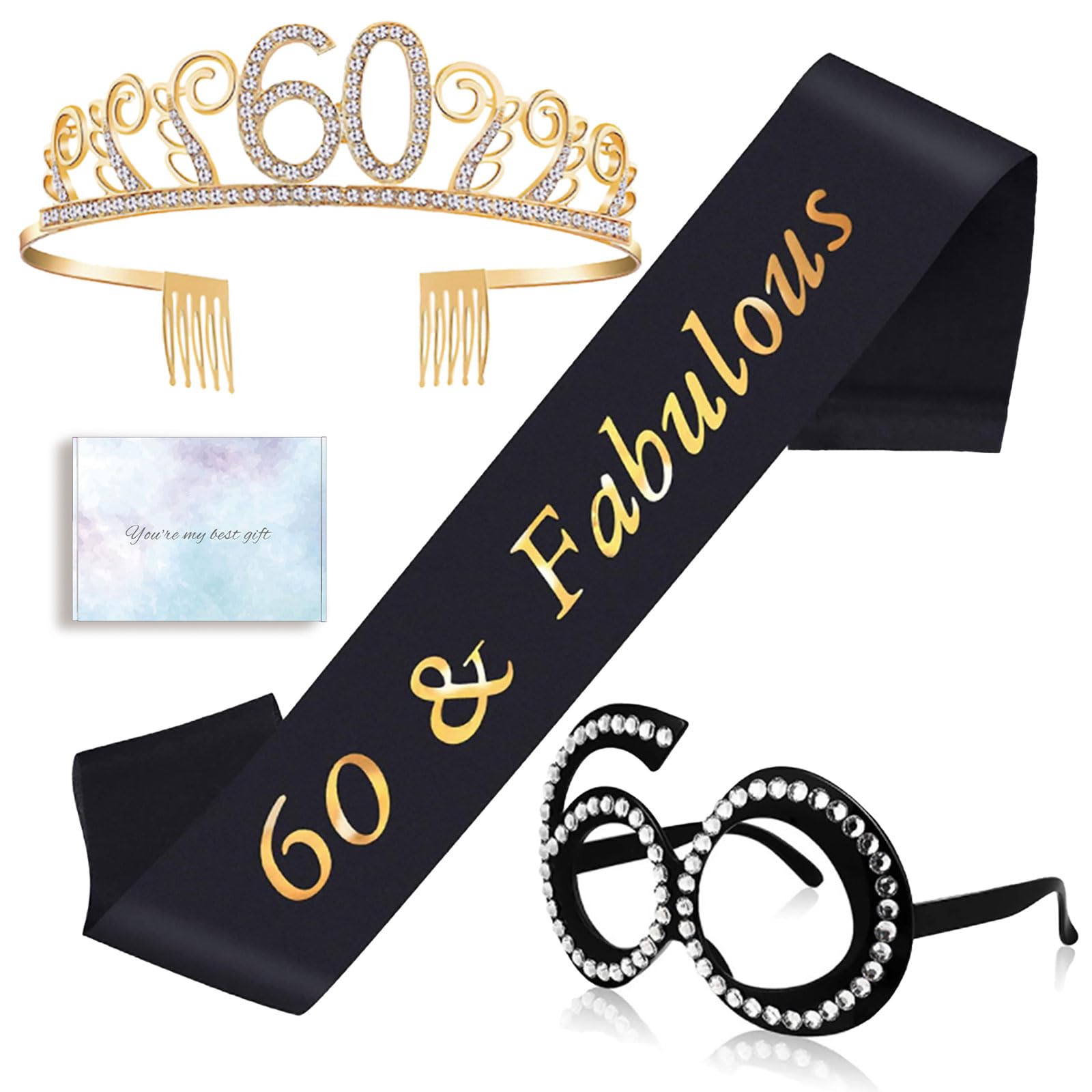 UnbiT 60th Birthday Gifts for Women, 60th Birthday Tiara/Crown, Sash and Glasses Set for Women 60th Birthday Decorations Black Gold 60 Birthday Decorations for Women