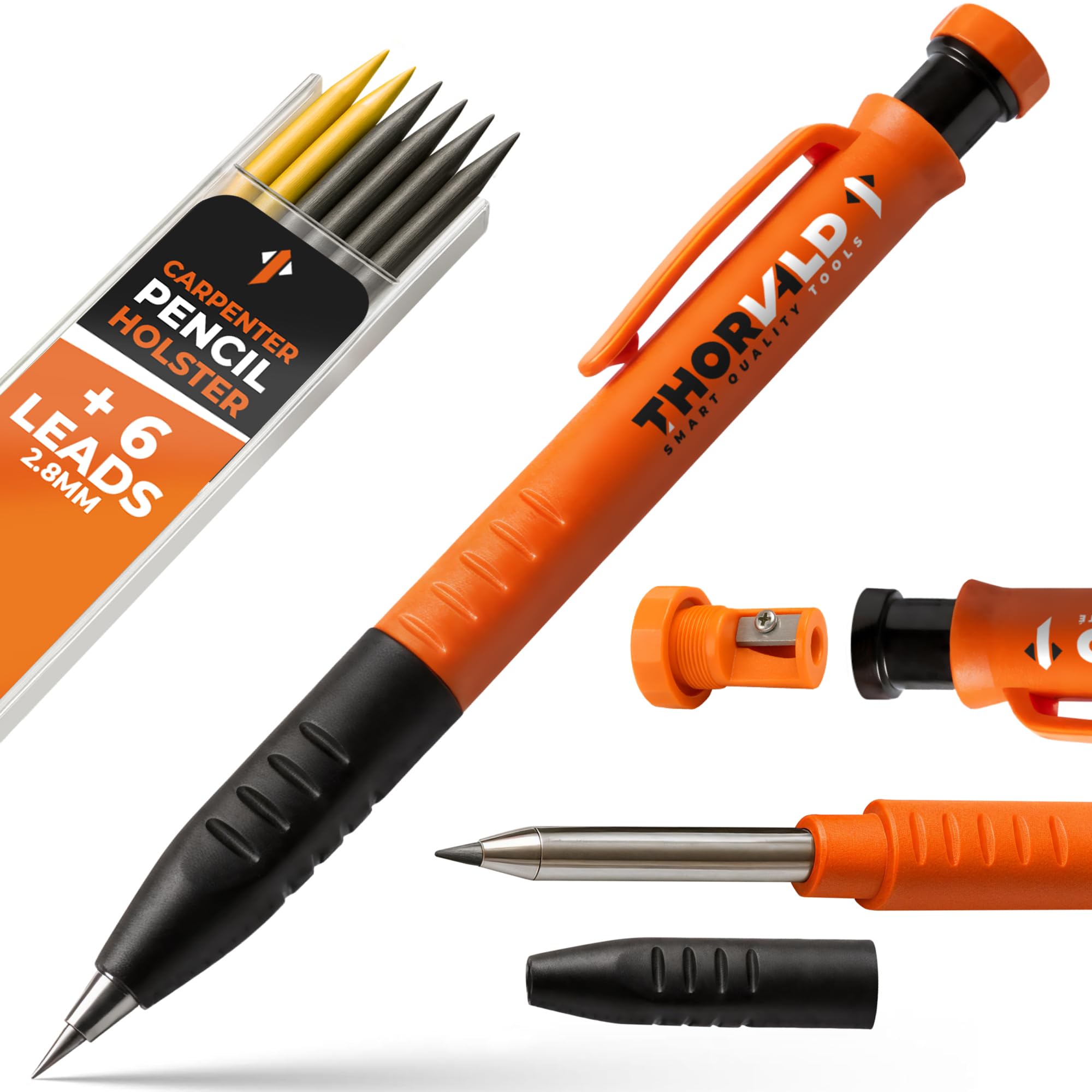 THORVALD Carpentry Pencil Set for Carpenter - Incl. 7 Leads + Sharpener + Finger Grip - Solid Mechanical Pencils with Fine Point/Best Marking tools Construction/Carpenters/Scriber