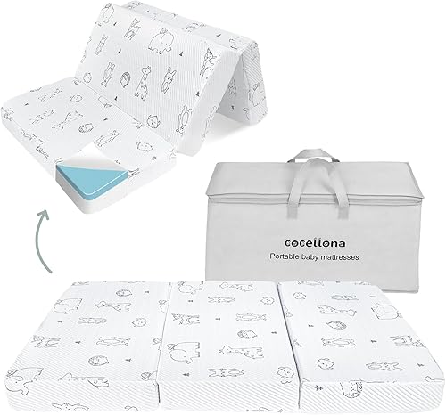 Colchón triple Pack and Play, 38 x 26 pulgadas, colchón de espuma viscoelástica de doble firmeza Pack N Play con bolsa de viaje, colchón plegable