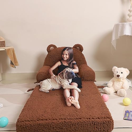 Miniatura 6 de Sofá plegable para niños, sofá de oso de peluche Sherpa con tres cojines de espuma plegables, cómodo para edades de 3 a 6 años