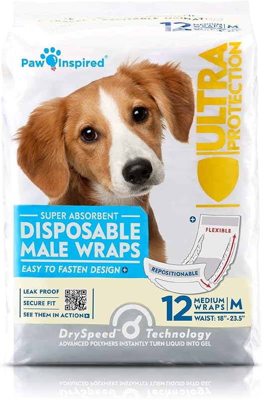 Fraldas Descartáveis para Cães Machos Paw Inspired, Faixa Abdominal com Ajuste Seguro, Tamanho Médio, Pacote com 12