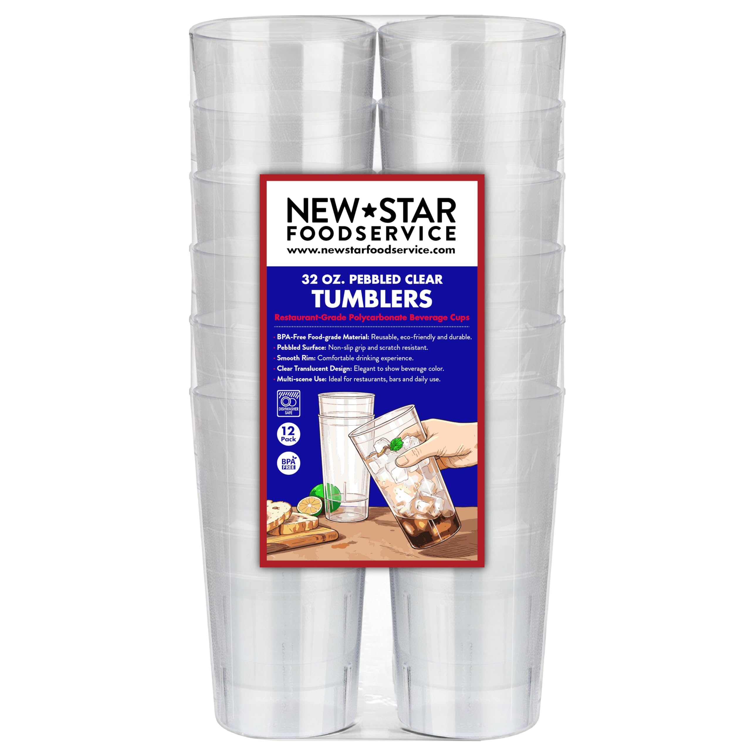 New Star Break Resistant Restaurant Stackable Tumblers, 32-Ounce, Clear, Set of 12