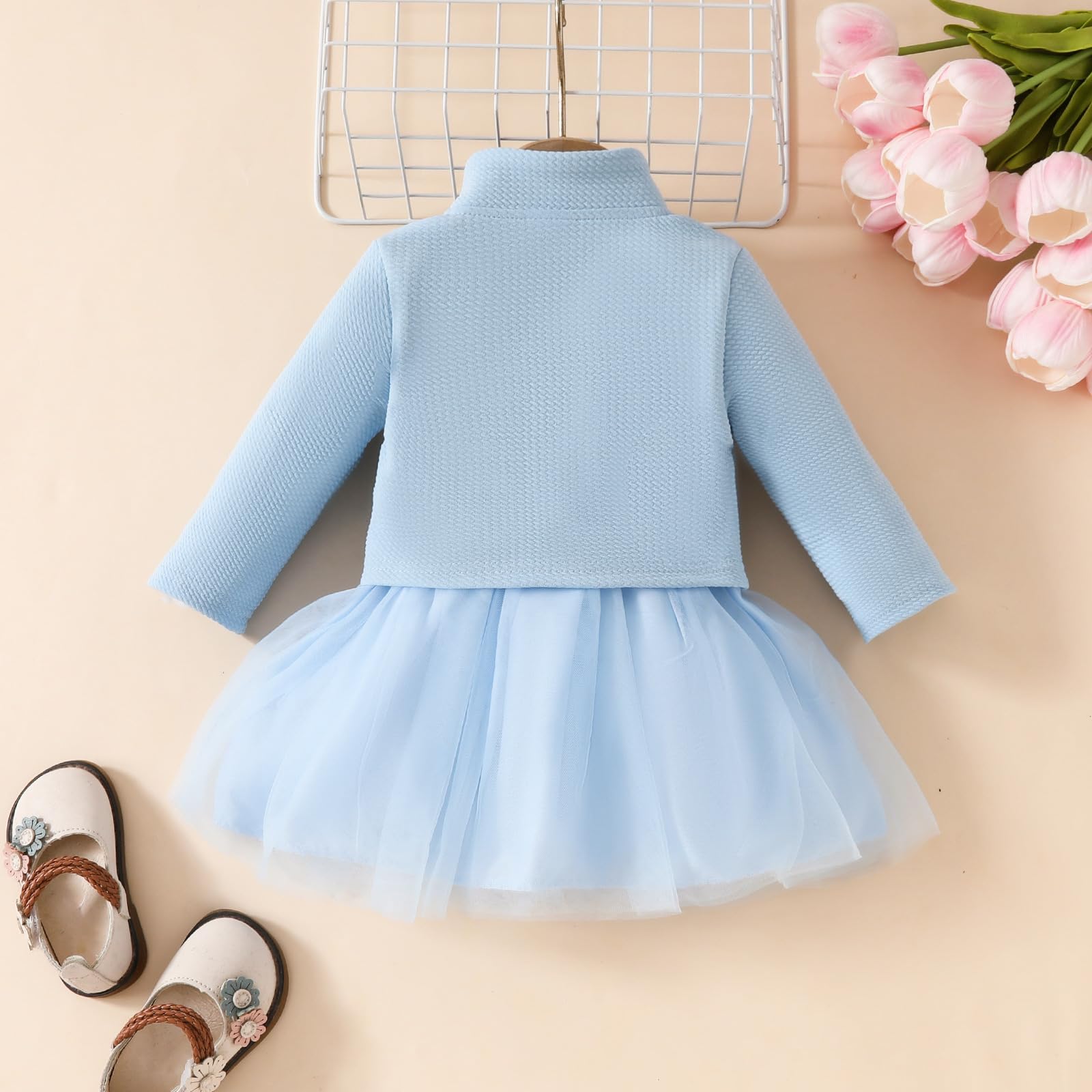 DivingBirds Baby Mädchen Kleid und Strickjacke 2pcs Set Floral Print Schmetterling Tüll Kleider Kleinkind Langarm Waffel Mantel Kleidung für Mädchen 3 Monate-3 Jahre