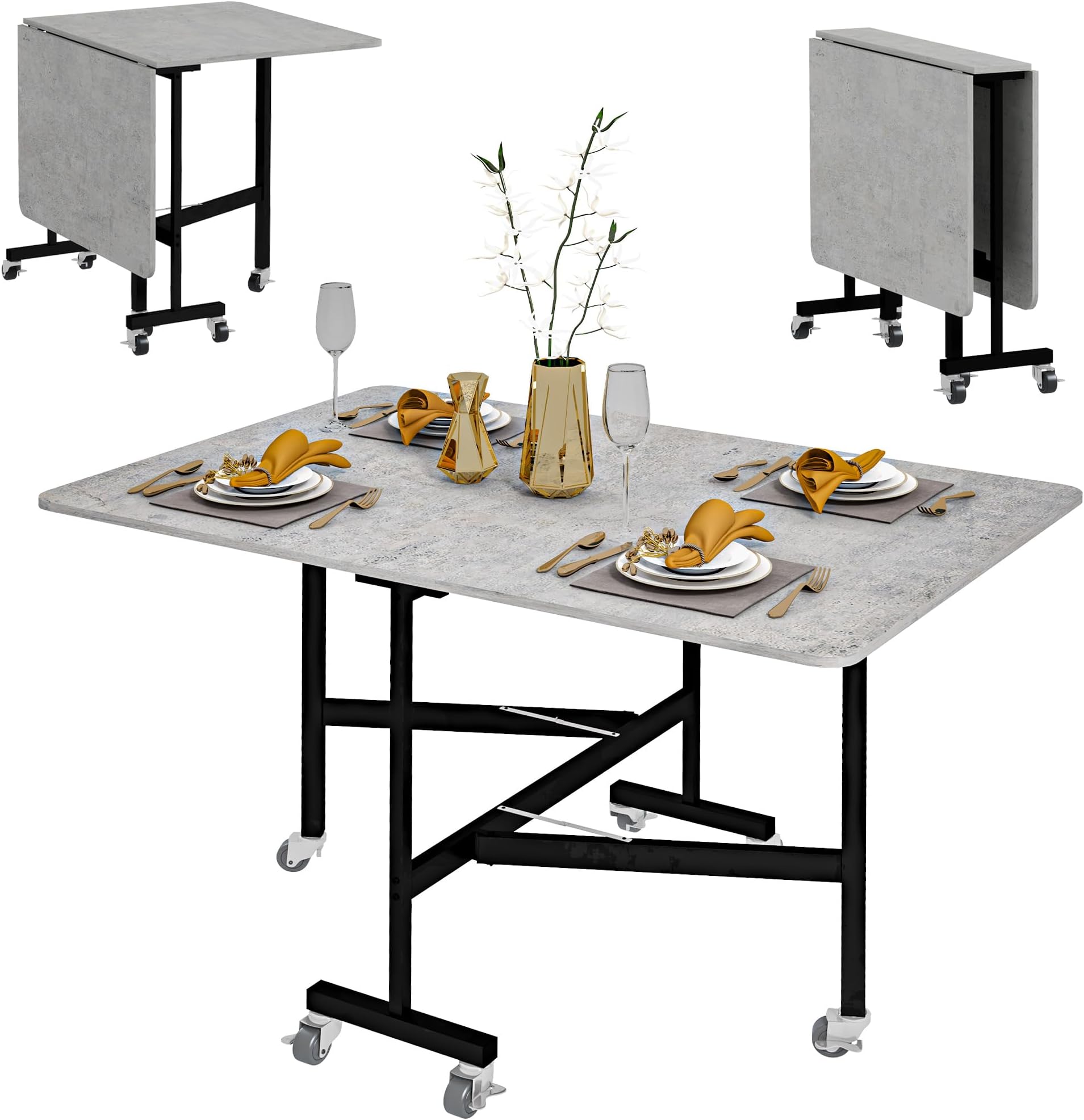HOMCOM Drop Leaf Table, Folding Dining Table with Metal Frame, Rolling Kitchen Dining Table for Small Spaces, 120cm, Grey