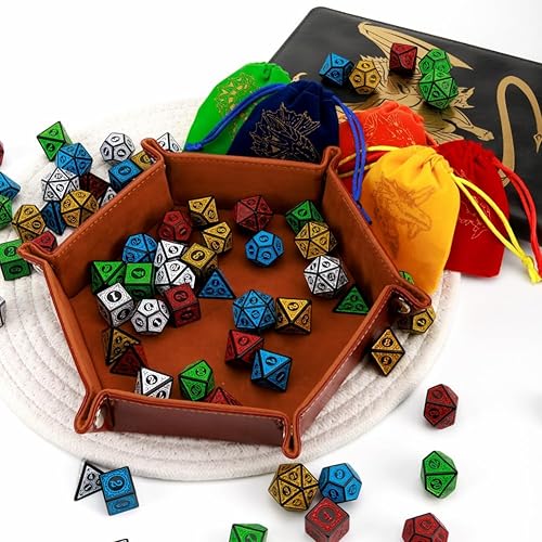 Vista 26 de DND - Juego de 42 dados poliédricos de Calabozos y Dragones para juegos de mesa D&D RPG MTG, dados a granel con coloridas bolsas de cordón y bandeja