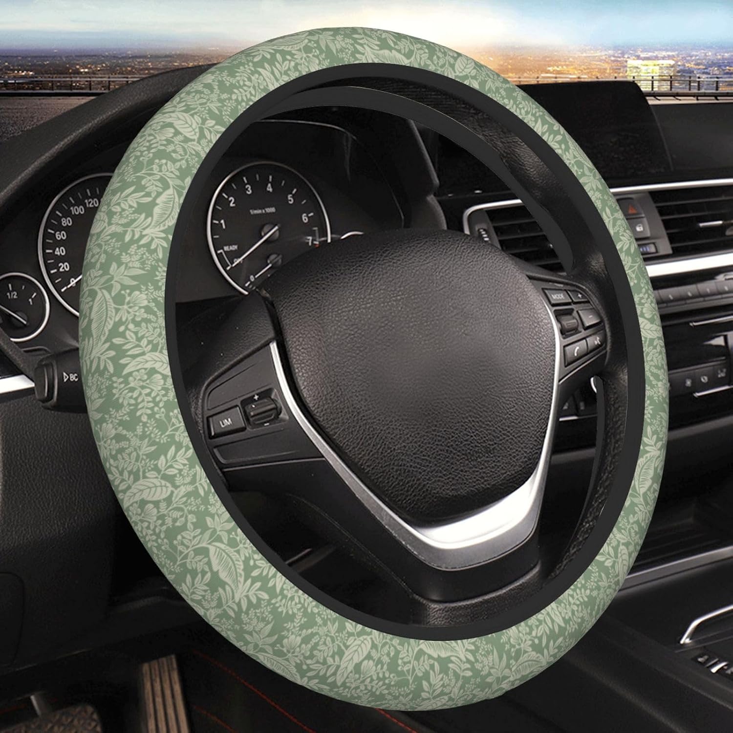 Sage Green Floral Steering Wheel Cover for Women Girls Men, Universal 15 Inch Anti Slip Cute Steering Wheel Protector Car Accessories Interior for Auto Truck SUV