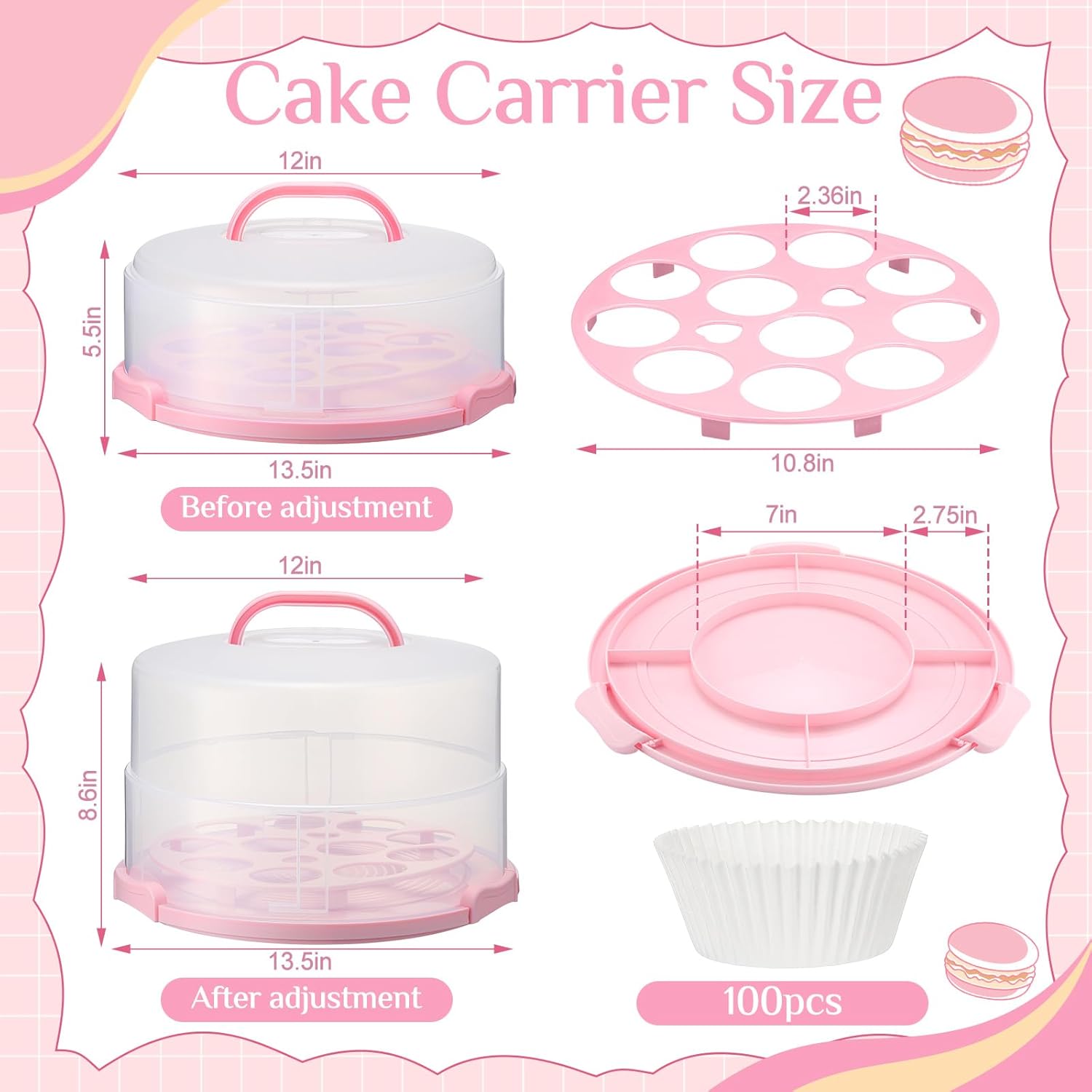 12 Inch Large Cake Carrier with Lid and Handle for 12" Round 7" High Cake Adjustable Plastic Pies Carrier Portable Cupcakes Transport Container for Cookies Pizza and More(Pink)