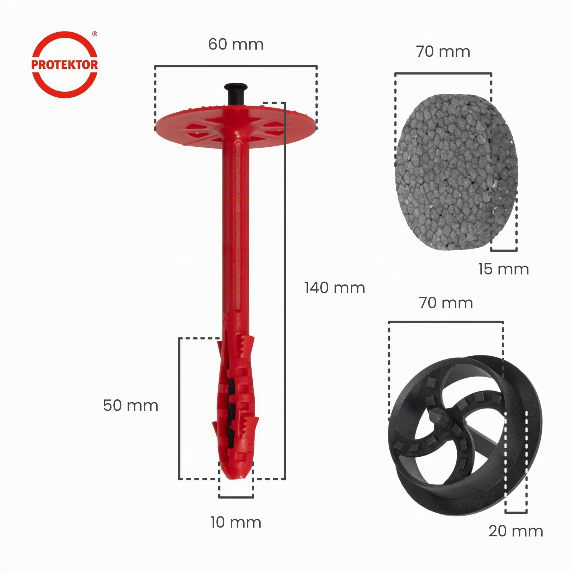 PROTEKTOR Dämmstoffdübel Set Ø10x140mm mit Kunststoffnagel (100 Stück + 200 Rondelle + 1 Fräser) für WDVS und Fassadendämmung, ETA-zertifizierte Schlagdübel Fassadendübel Tellerdübel