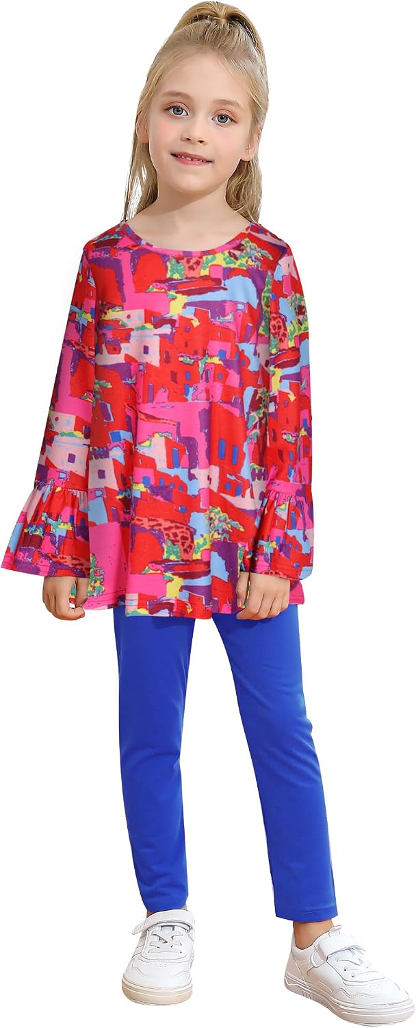 Bonny Billy Girl's Clothing Set 2 Pcs Floral Ruffle Long Sleeve Jersey Top + Leggings