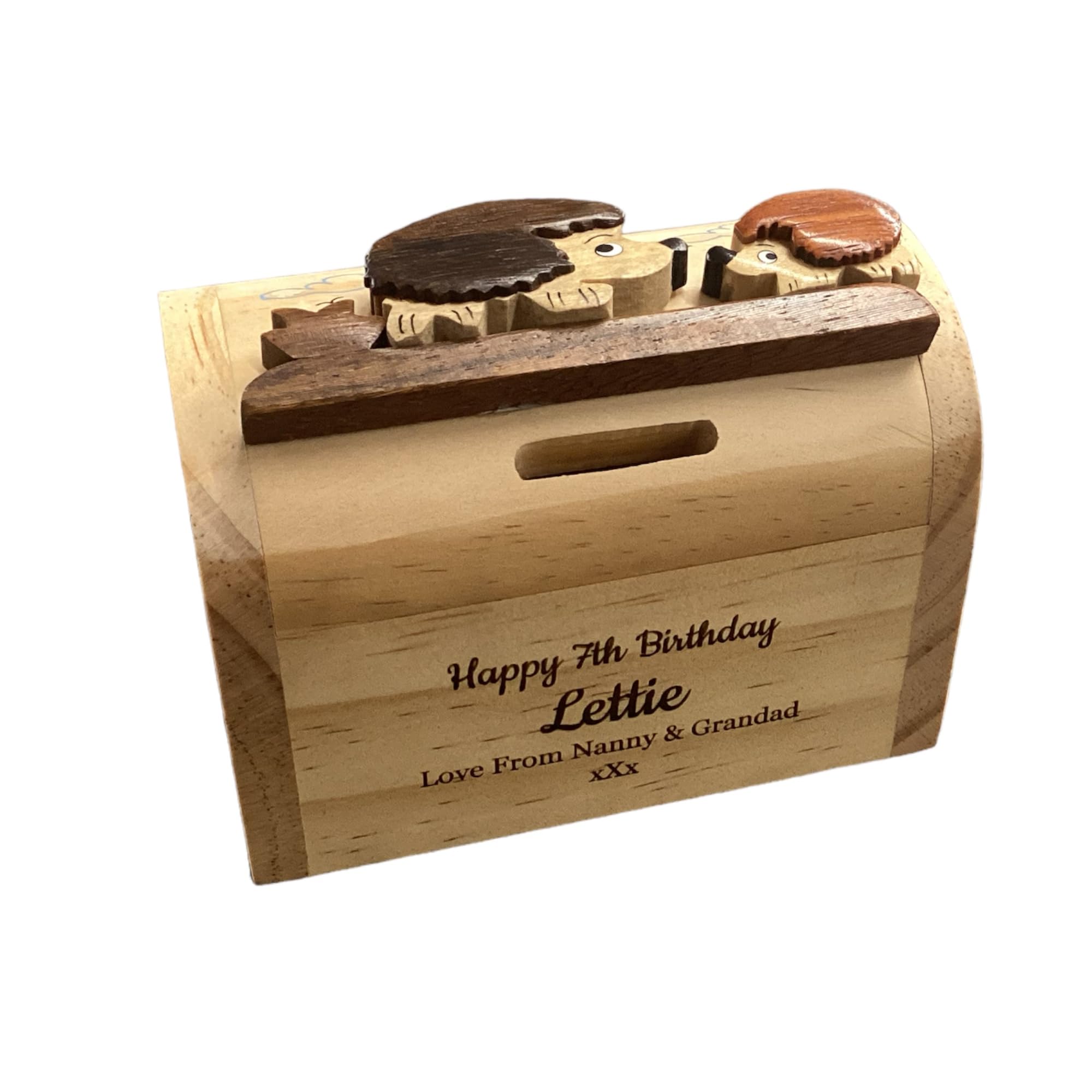 Personalised Wooden Hedgehogs Design Money Box - Engraved With Any Name/Message