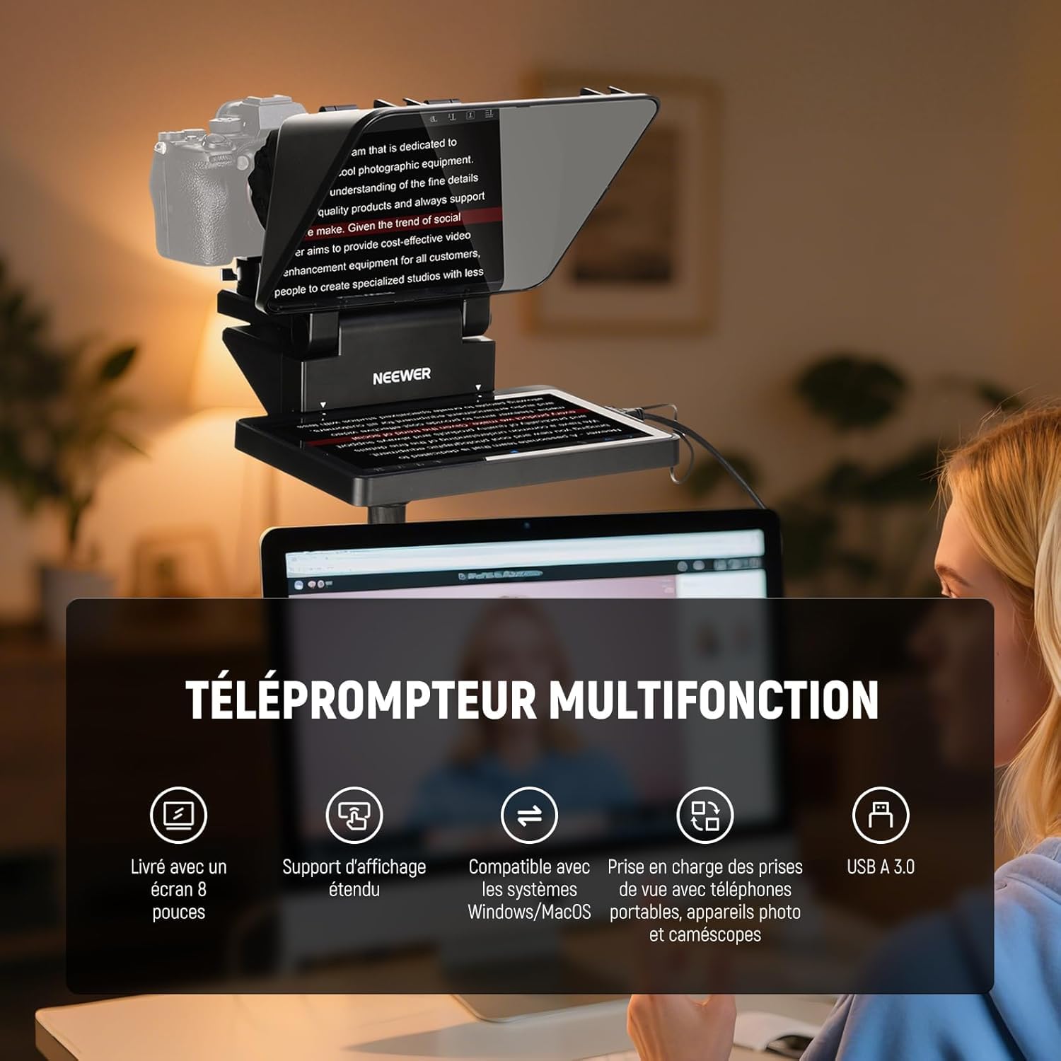 NEEWER 2 en 1 Téléprompteur 11" avec Moniteur, Compatible avec Duplication d'écran,Prompteur Portable pour Caméra,Téléphone,Webcam, Windows et MacOS,Idéal pour Youtube,Twitch et Conférence, X11