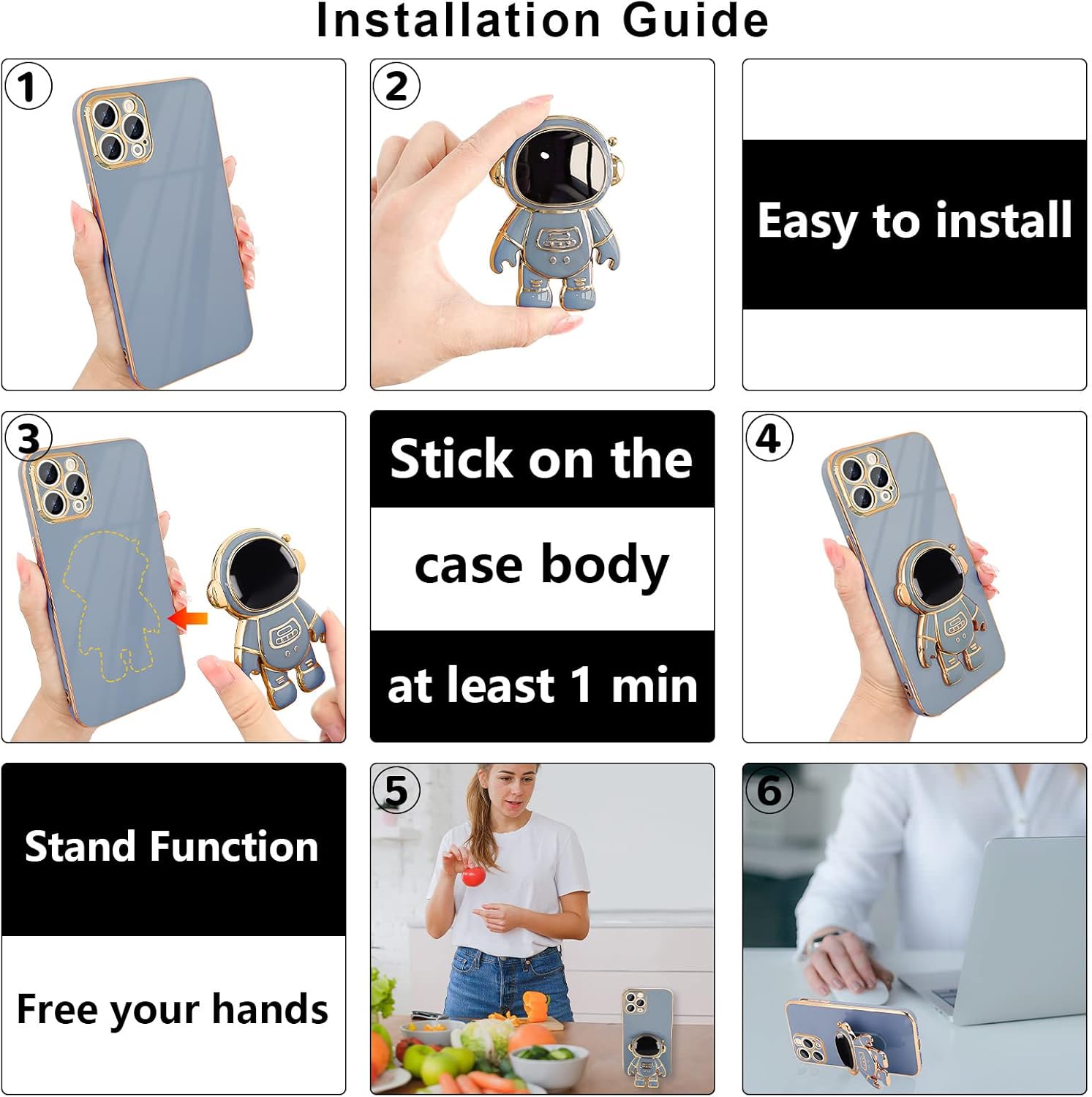 for iPhone 15 Pro Case, Cute 3D Astronaut Stand with [2 Screen Protector] [Camera Protection] Kickstand Shockproof Bling Silicone Soft Cover for Apple iPhone 15 Pro Phone Case, Blue - Image 6