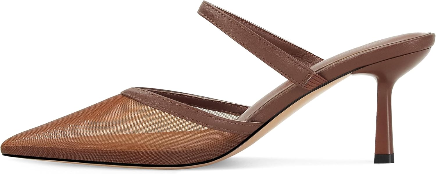 Mesh Kitten Heels Mules for Women Pointed Closed Toe Dressy Sexy Strappy Slip on Stiletto Low Heel Comfort Pumps Shoes