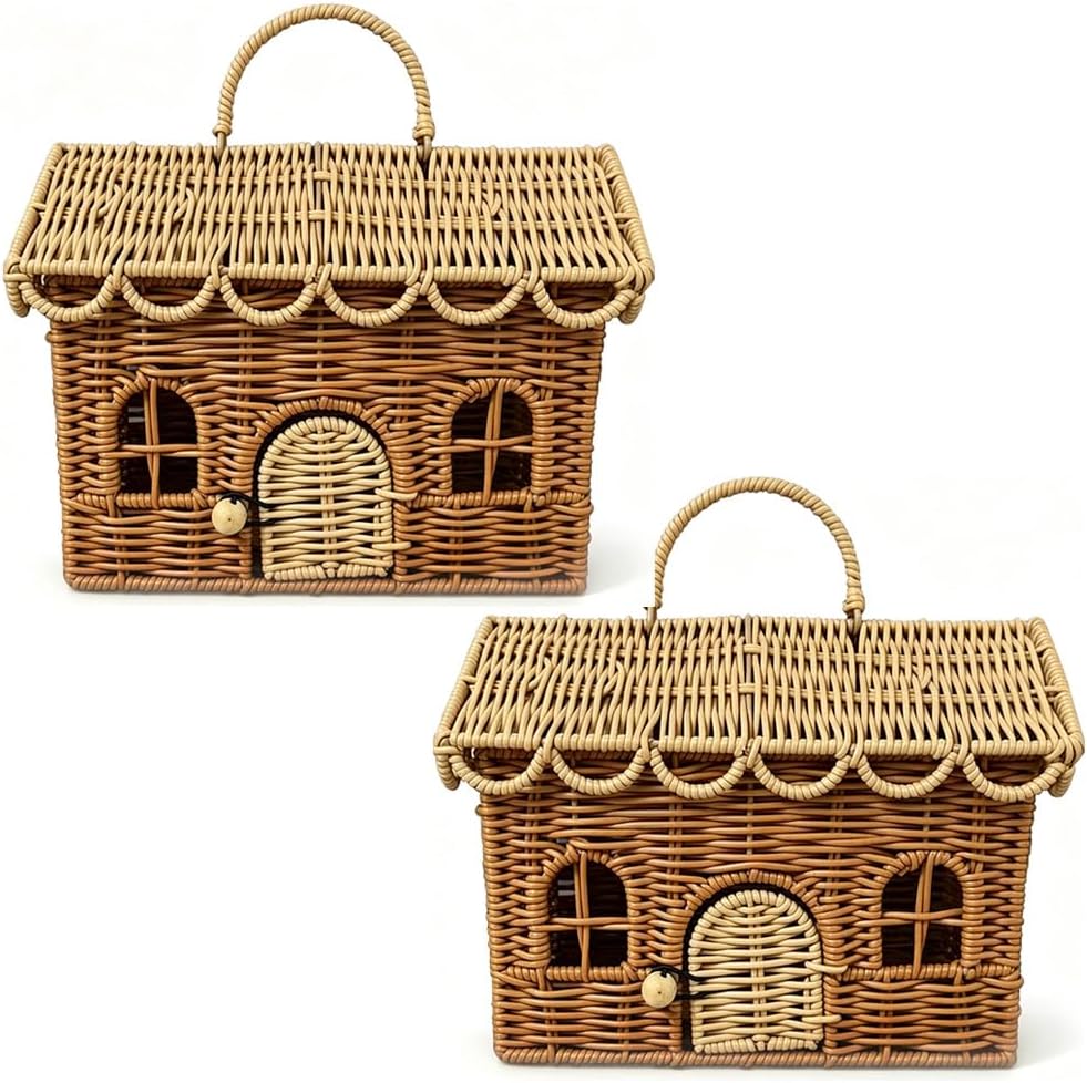 Wicker House Shaped Basket with Lid, Rattan Storage Basket for Picnic or Small Dollhouse, Decorative Woven Basket for Gift Wrapping, Basket Purse