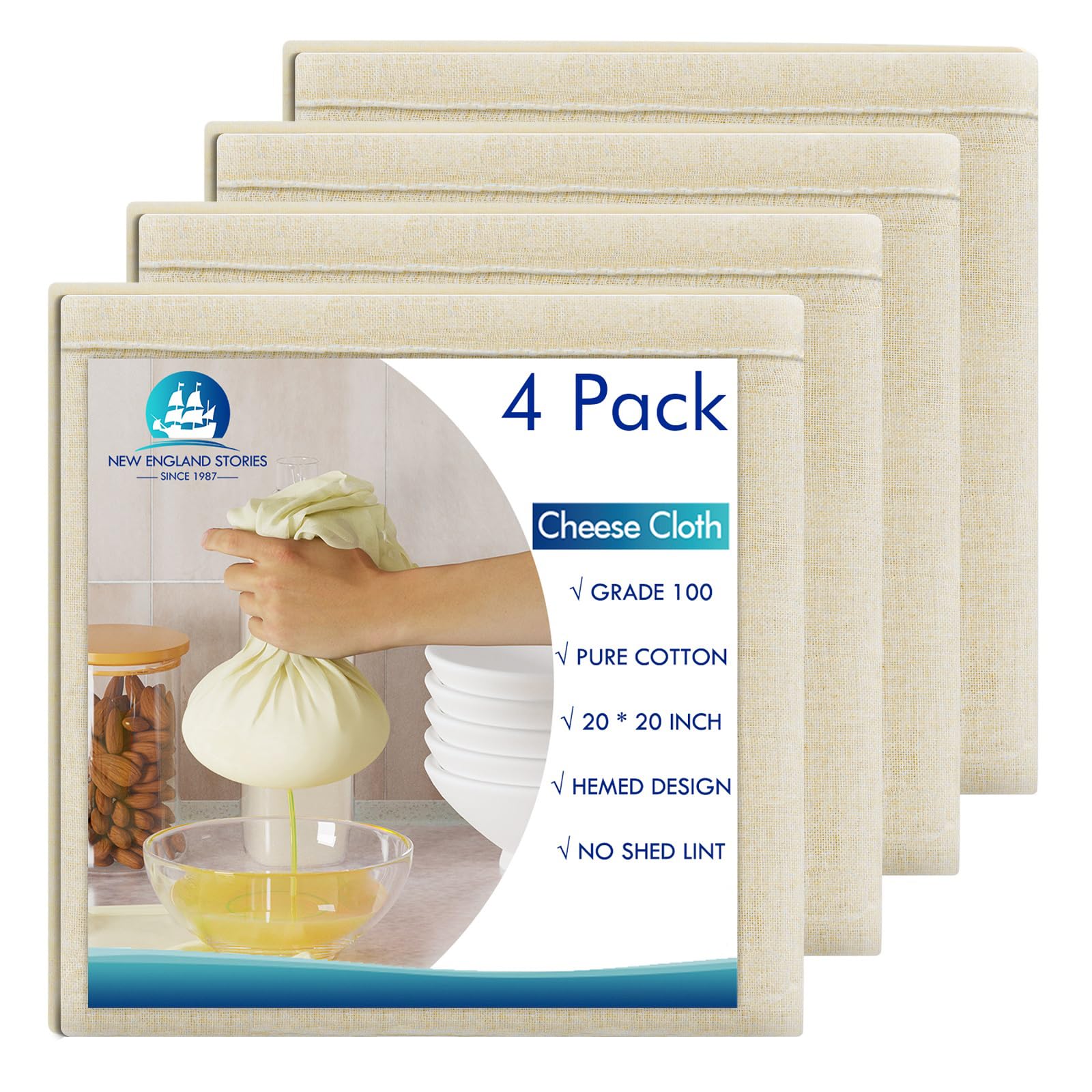 4 PCS Reusable Cheesecloth, Grade 100, 20x20 Inch Hemmed Cheese Cloth for Straining Craft, 100% Cotton Unbleached Muslin Cloth Strainer for Cooking, Baking, Juicing, Cheese Making