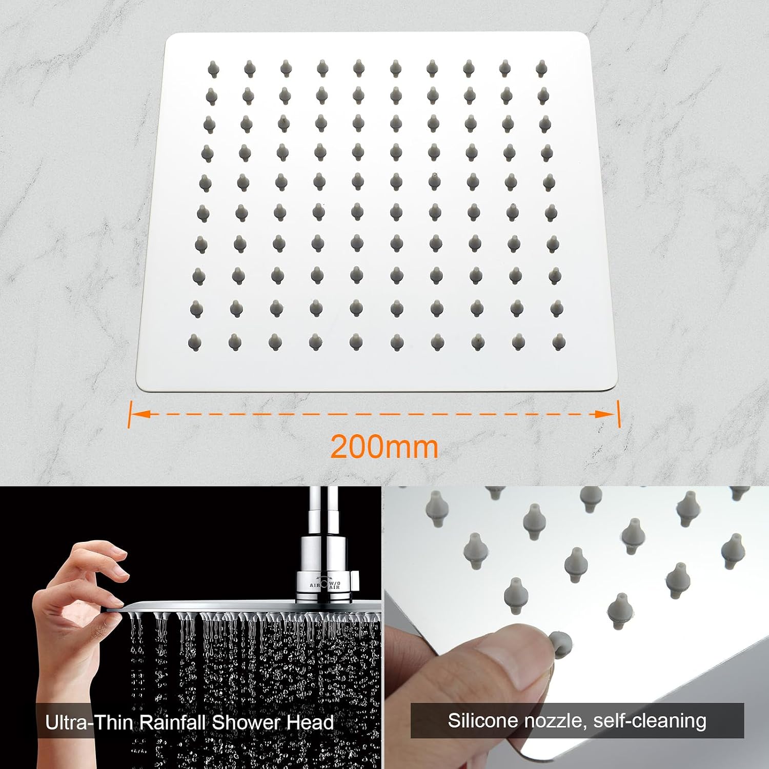 Ibergrif M20292 Rain Shower Head, 8 Inch Square Fixed Showerhead, 304 Stainless Steel Ultra Thin Top Spray Shower Head with 100 Silicone Jets for Bathroom, Chrome
