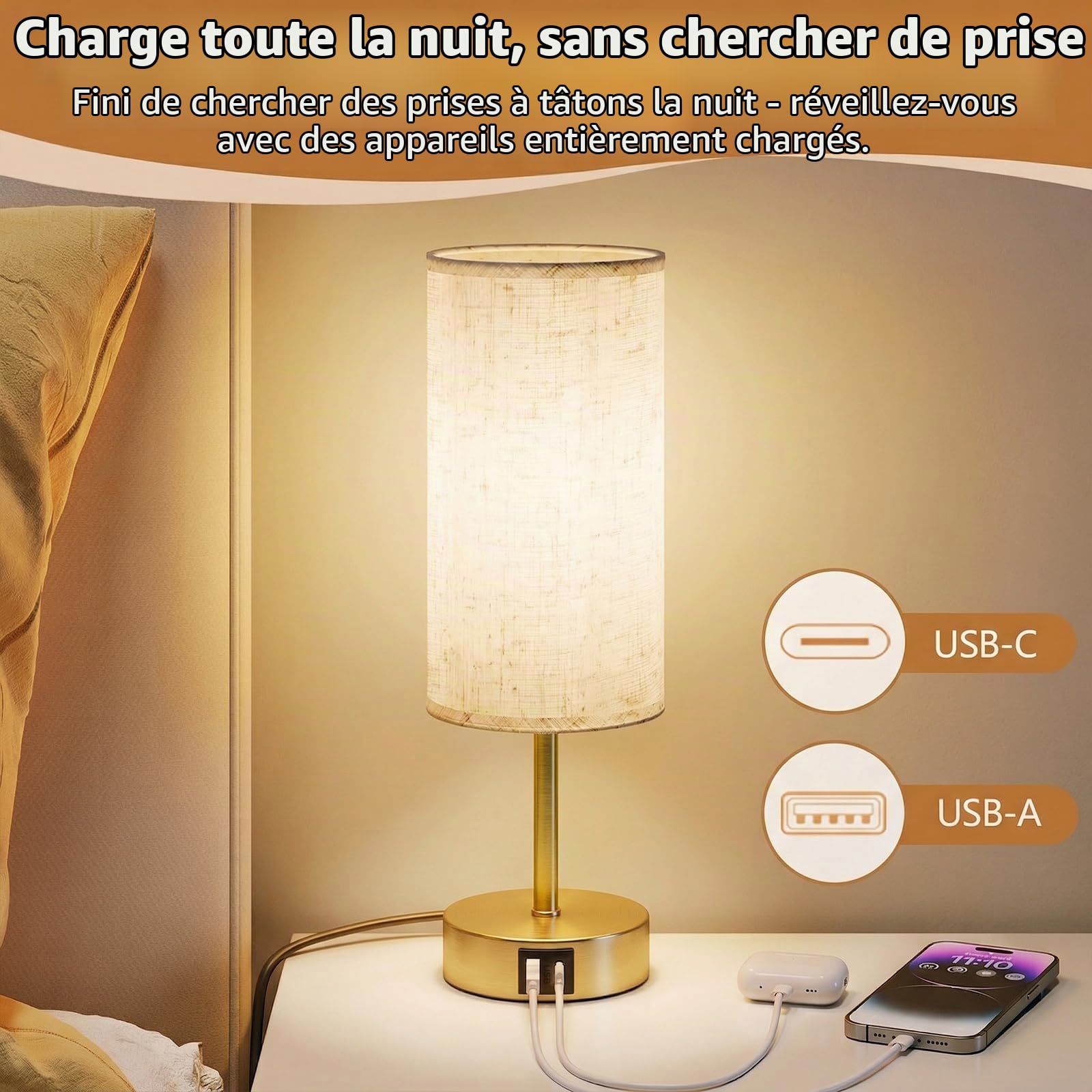 Lot de 2 Lampe de Chevet Tactile avec Ports de Charge USB-A + USB-C