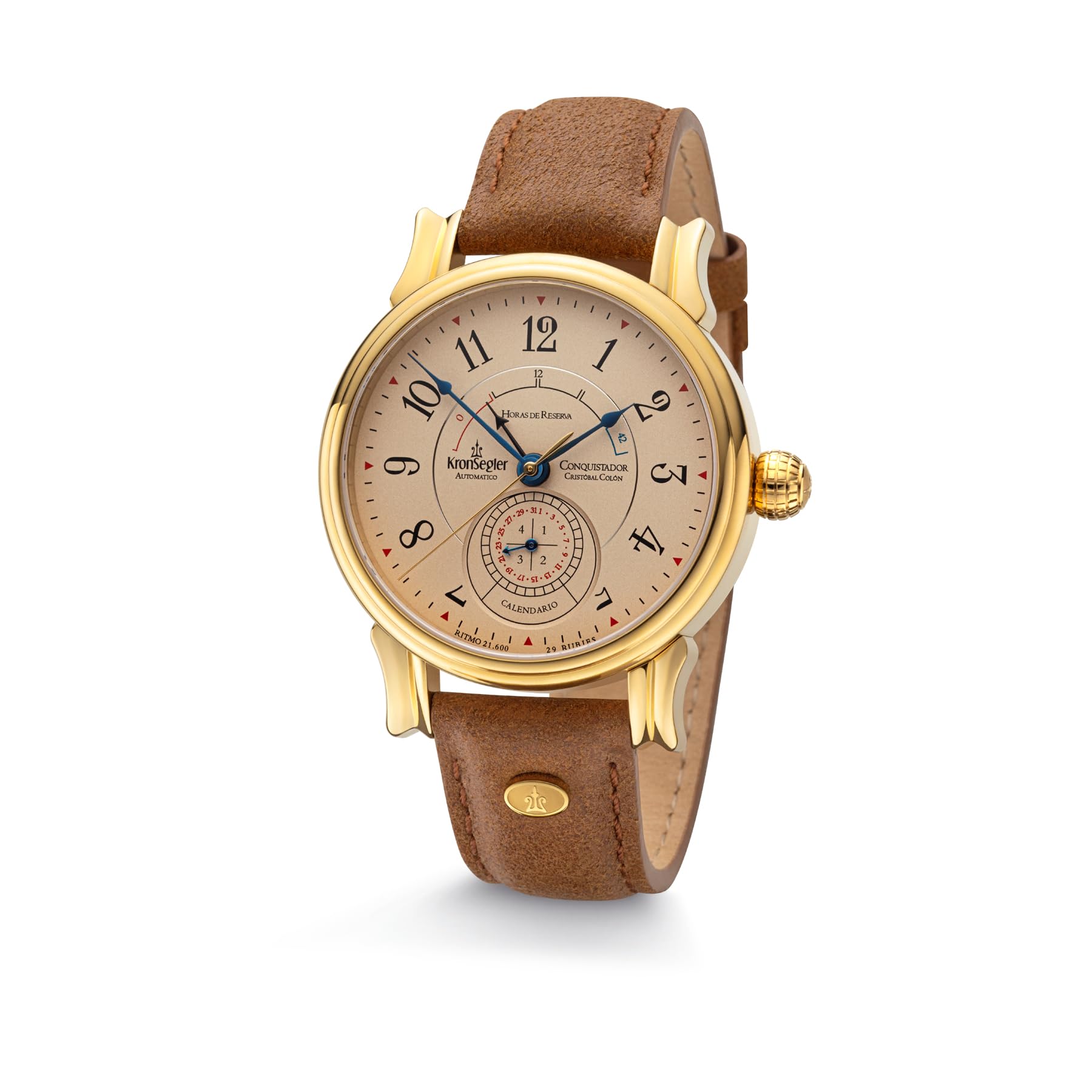 Kronsegler Conquistador Gold - Tierra braun | Automatik Herrenuhr mit Gangreserveanzeige | Saphirglas, Zeigerdatum, Lederband, Faltschließe