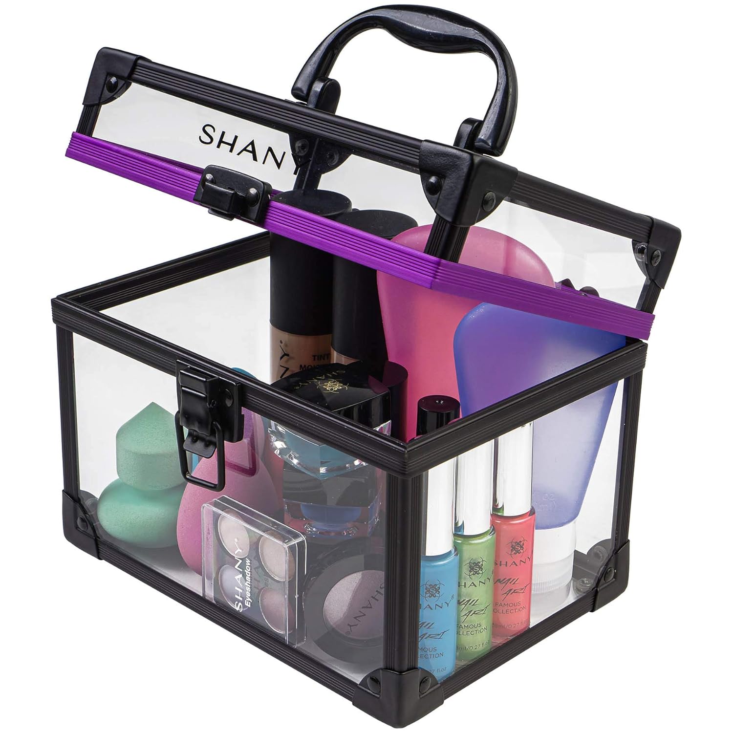 SHANY Clear Cosmetics and Toiletry Train Case - Large-Sized Travel Makeup Organizer with Secure Closure and Black/Purple Accents : SHANY: Beauty & Personal Care