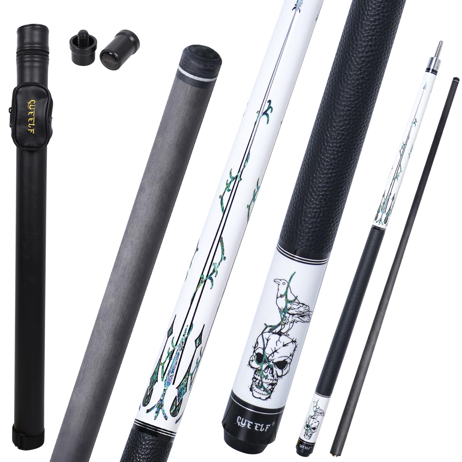 CUEELF Carbon Fiber Pool Cue Stick 58 inches Skull Billiard Cue Sticks Low Deflection Pool Sticks 12.5mm Tip Leather Grip Butt Technology Professional Cues (CA-KL-01, 20 oz)
