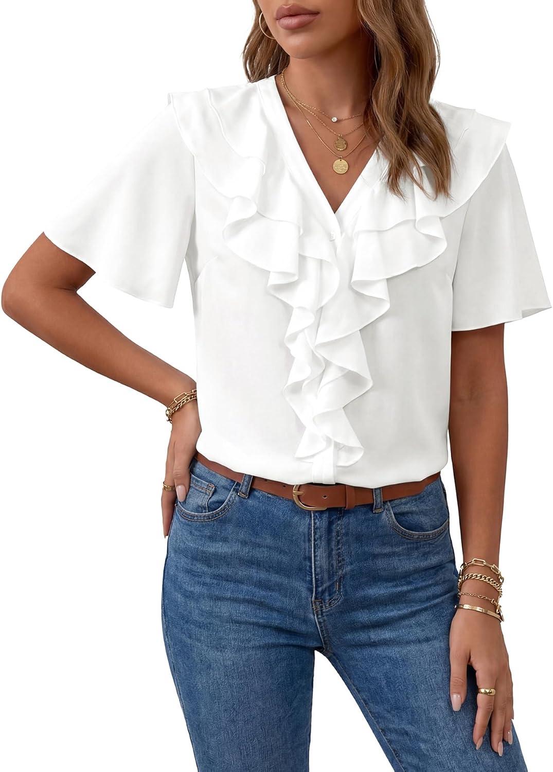 LYANER Women's Ruffle V Neck Button Down Short Sleeve Dressy Casual Blouse Top Shirts
