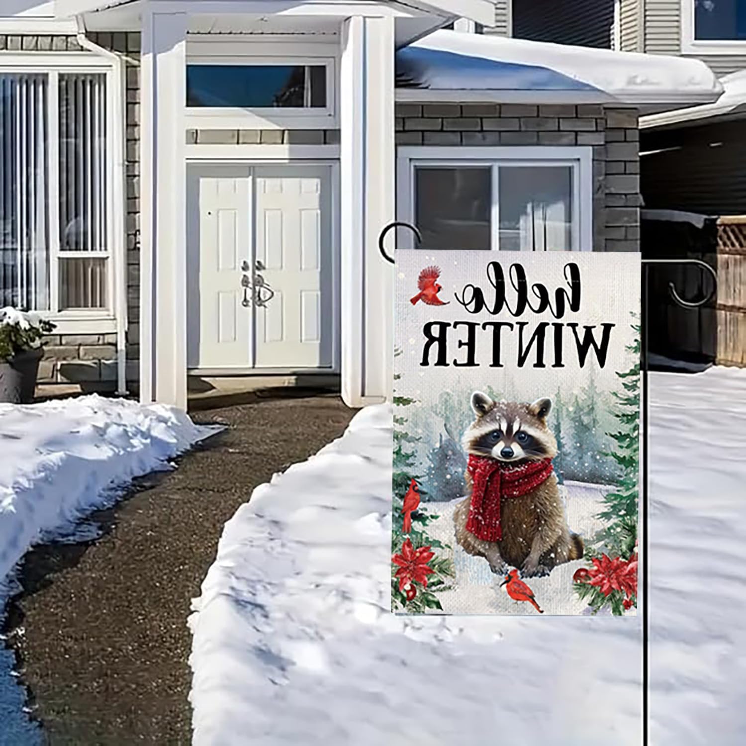 Welcome Winter Garden Flag 12x18 Inch Double Sided, Holiday Farmhouse Outdoor Raccoon Garden Flag Winter Decorations, Small Decorative Yard Lawn Flags for Outside - Image 4