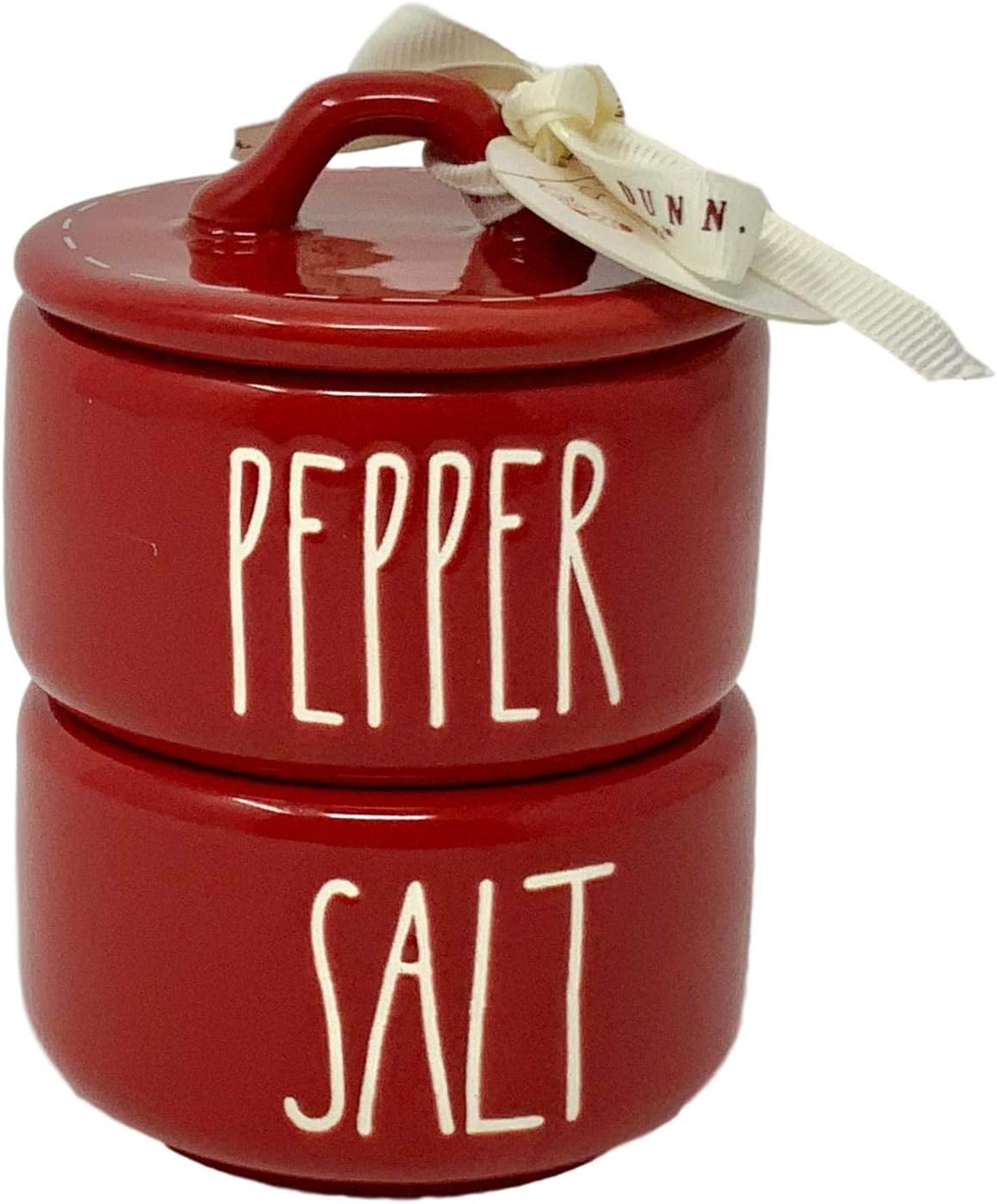 Rae Dunn Red Salt and Pepper Cellars - 2 Piece Stackable - Beautiful Red Ceramic Salt and Pepper Cellars with LL Font White Letters - Will Be Beautiful on Every Christmas Dinner Table!