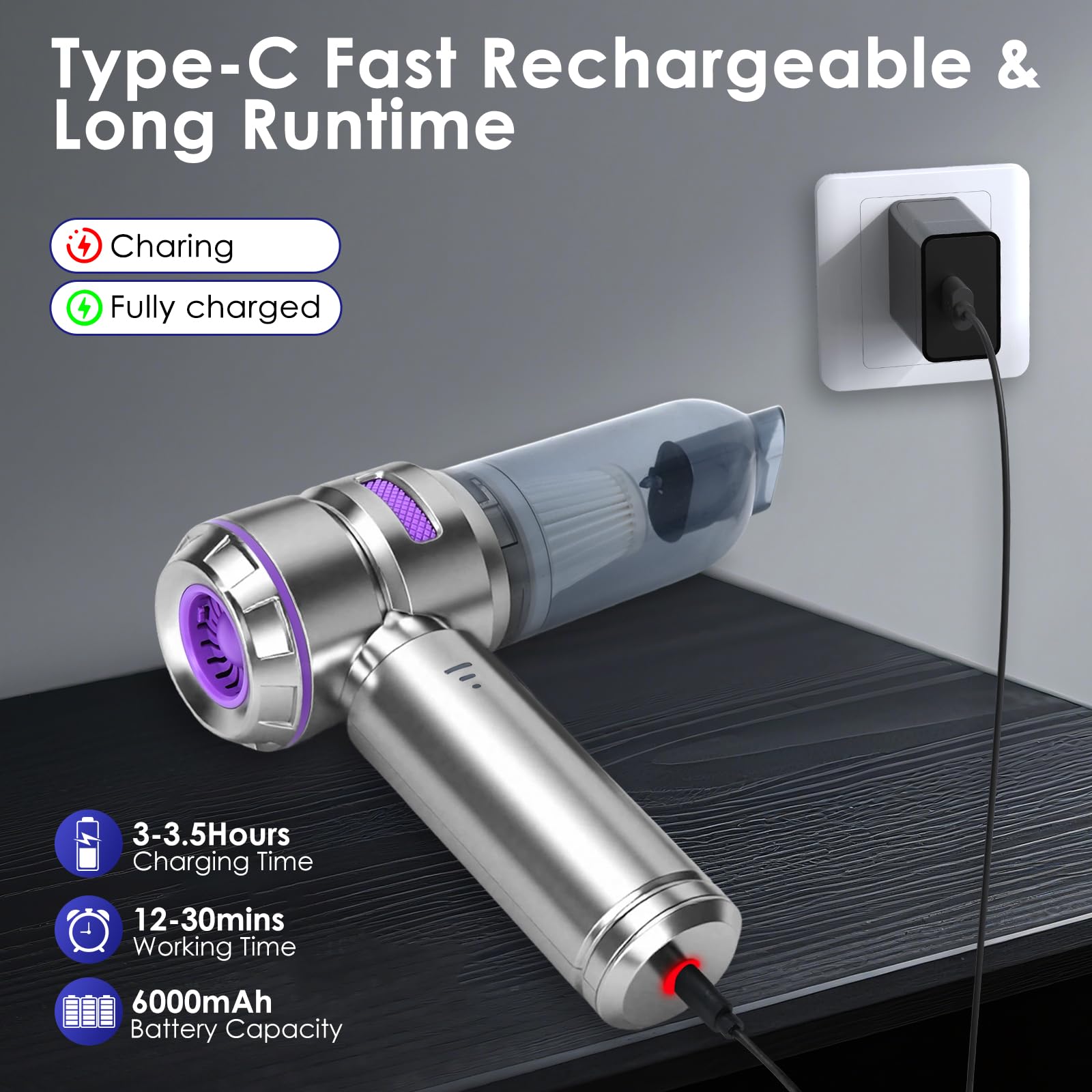 Aspirapolvere Portatile Senza Fili, 22000Pa Potente Aspirapolvere per Auto, 3 in 1 Mini Aspirabriciole con Motore Brushless e Soffiatore, Batteria 6000mAh Ricaricabile per Peli Animali, Casa, Ufficio