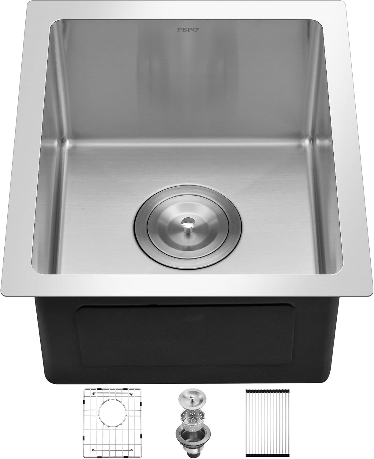 PEPO 13 x 15 Inch Undermount Bar Sink, 16 Gauge Handmade Stainless Steel Single Bowl Small Kitchen Sink for RV, Prep Station And Outdoor Wet Bar
