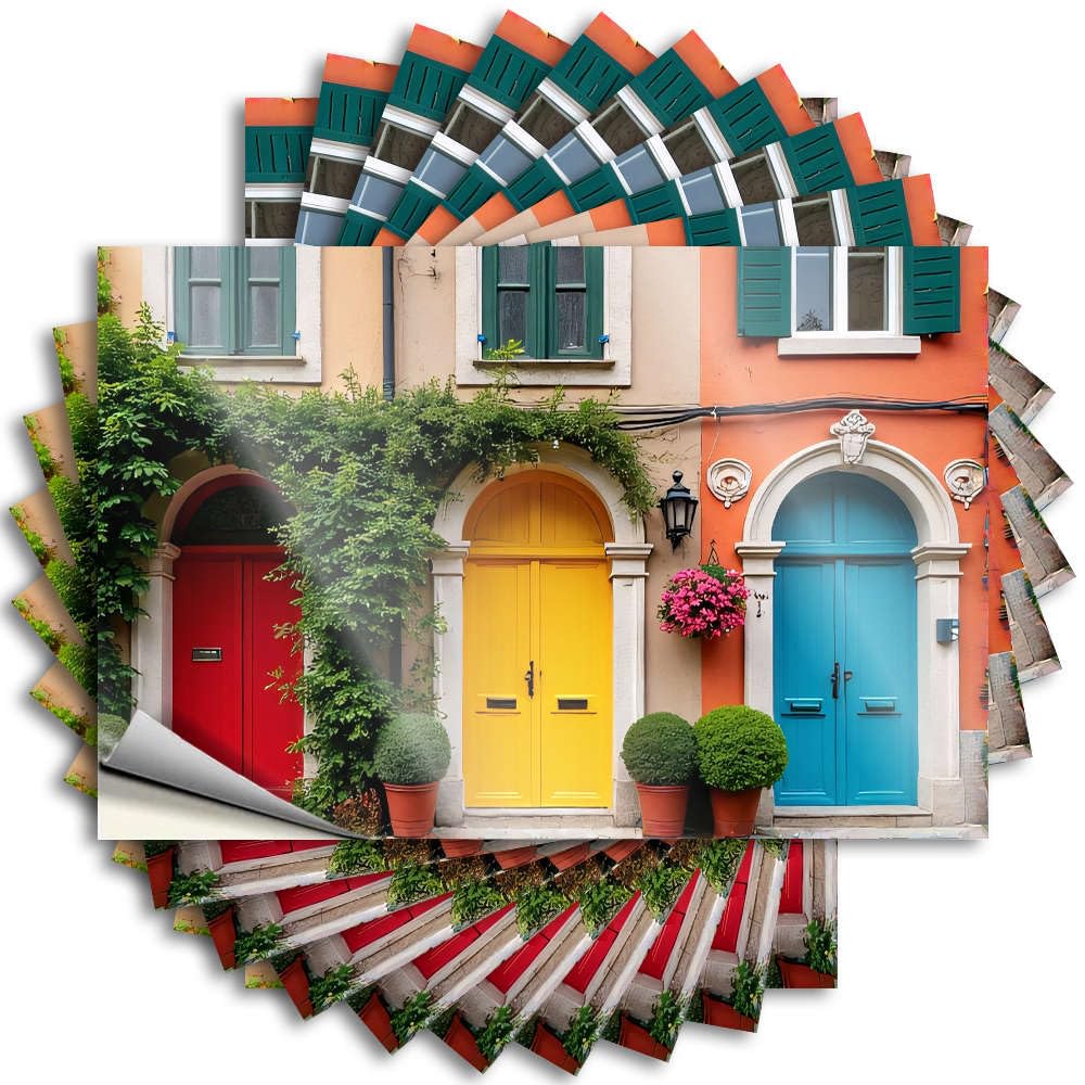 Three Colorful Doors with Plants in Front. Love Sweet - Sticker Helmet Removable Vinyl Decal(8X12CM)