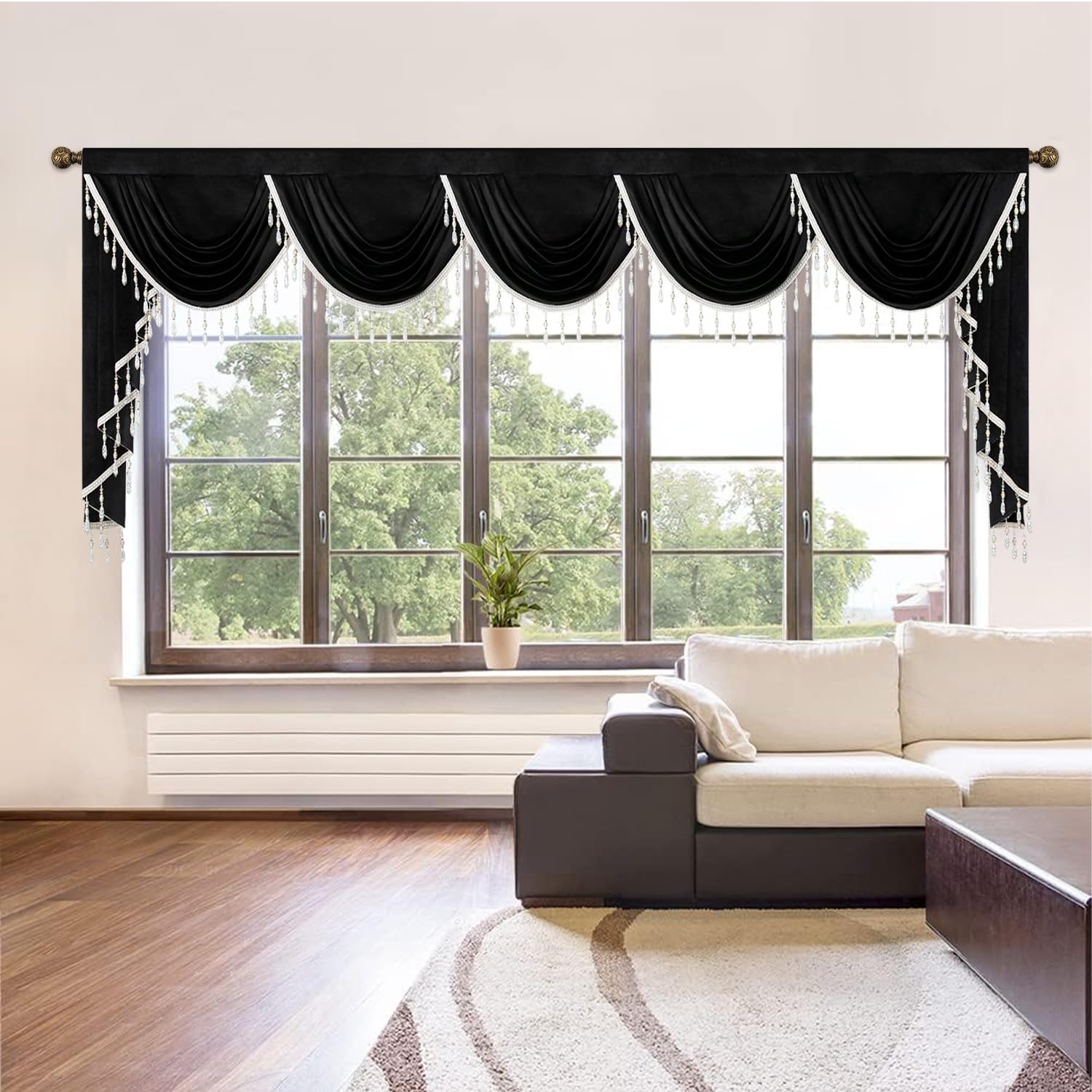 VOGOL Schwarze Wasserfall-Volants für Wohnzimmer, luxuriöser Vintage-Stil, Volant-Vorhänge mit handgefertigten Quasten, Stangentasche, Swag Vorhang für Schlafzimmer, Erkerfenster, B 345 cm, 1 Panel