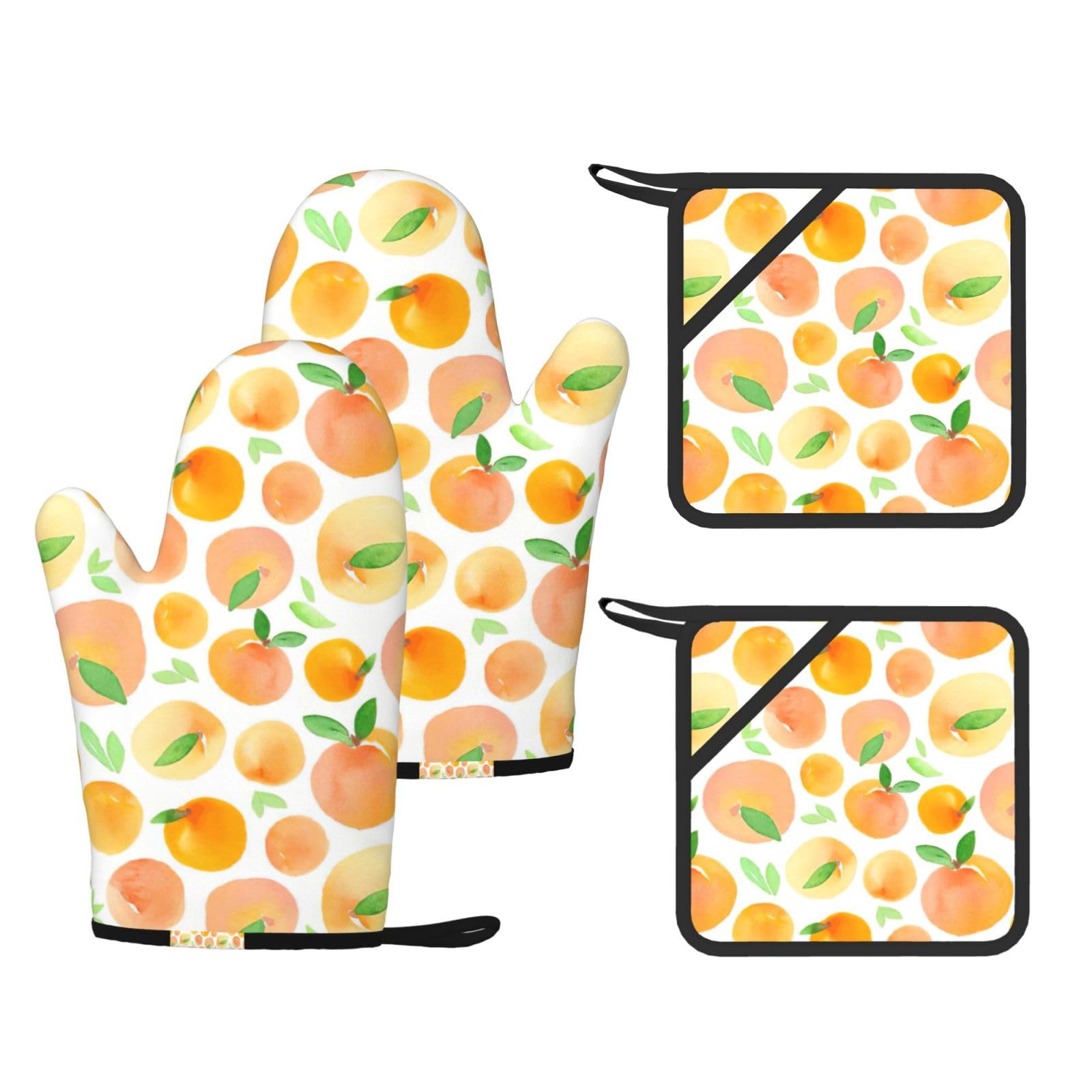 Peach Print Oven Mitts And Pot Holders Pads Set, Oven Glove High Heat Resistant 500 Degree For Kitchen