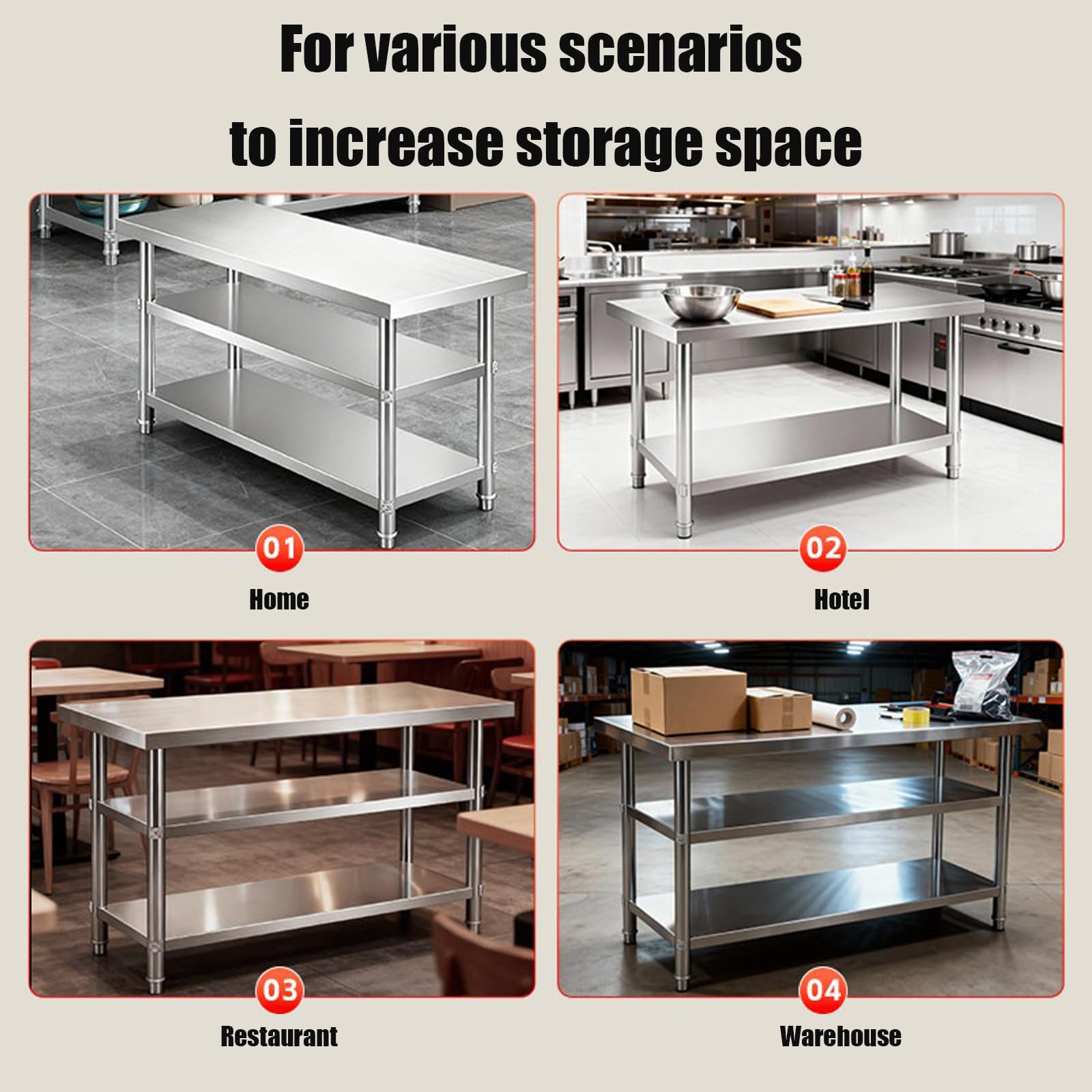 Mesa De 3 Estantes De Acero Inoxidable, Mesa De Preparación Metálica, Estantería Metálica, Banco De Trabajo, Estantería Multiusos para Restaurantes, Almacenes, Cocinas,80x40x80cm