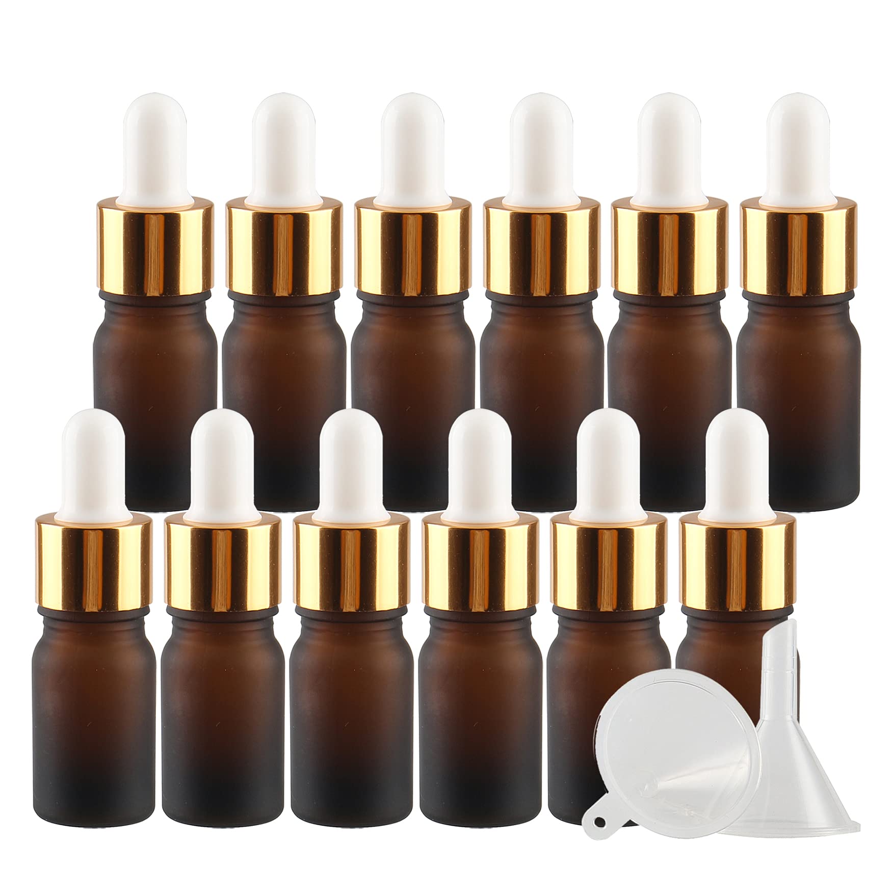 Opakowanie 24 butelek z zakraplaczem 5 ml z matowego szkła bursztynowego ze szklaną pipetą, małe brązowe butelki z zakraplaczem do mieszanek olejków eterycznych, złota metalowa nasadka, fiolki do