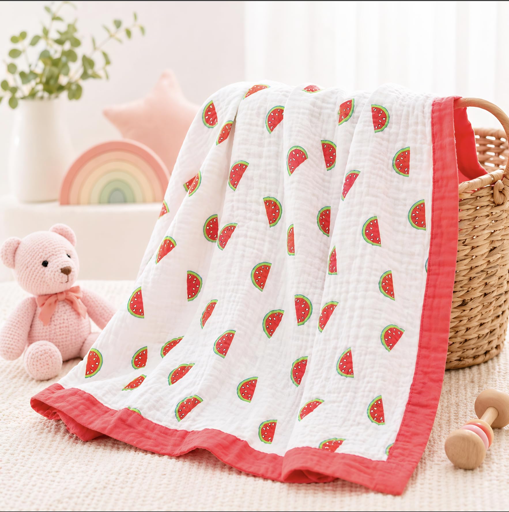 DIVYAM Pure Cotton 6-Layer Muslin Baby Blanket for Newborns & Toddlers (0–3 Years) | Ultra Soft Breathable Swaddle Blanket | 90 x 100 CM | Ideal for Daily Use & Gifting | Pack of 1 (Red Watermelon)-image-13