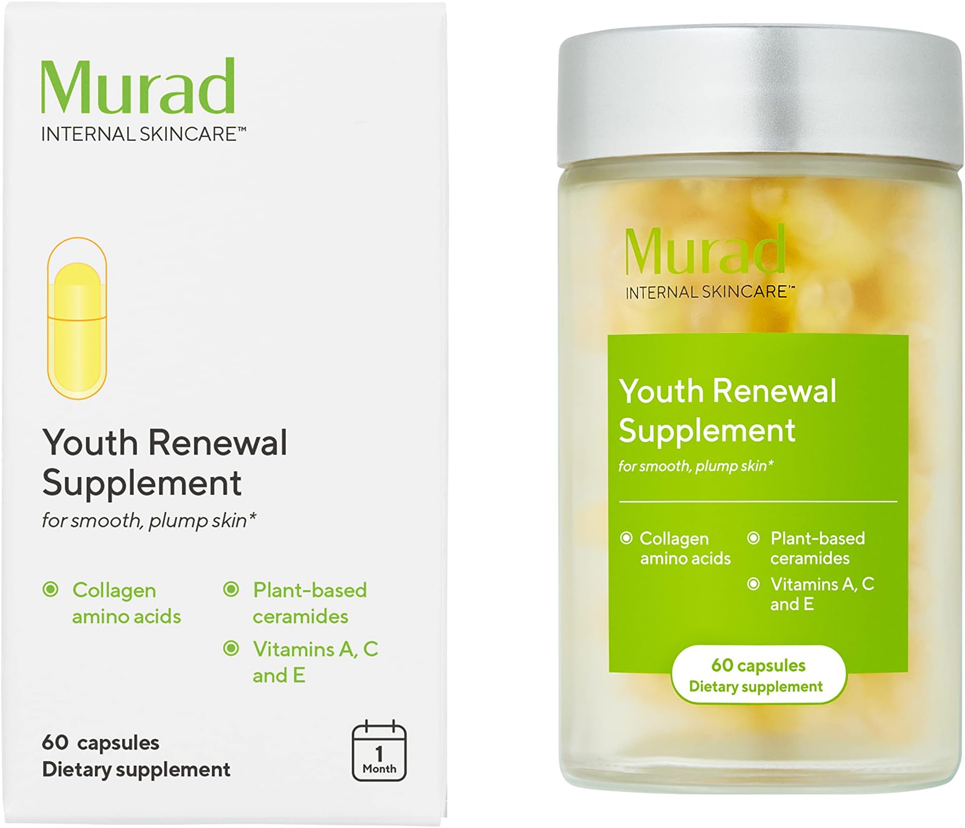 Murad Youth Renewal Supplement for Smooth, Plump Skin – Anti-Aging Beauty Supplement - Collagen and Ceramides Reduce Wrinkles and Fine Lines from Within, 60 Capsules - 30-Day Supply