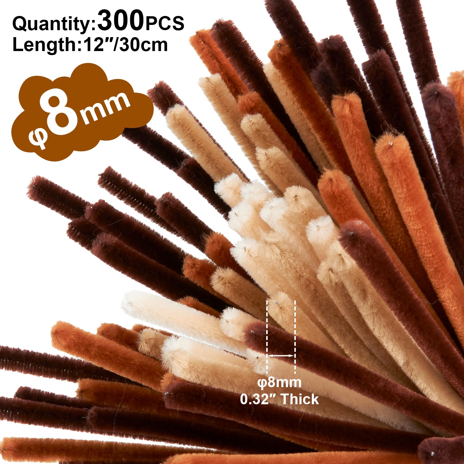 BULANGDE 300 Brown Pipe Cleaners for Craft Flowers, Coloured Pipe Cleaner 12" Long 8mm Thick, Chenille Stems, Fuzzy Wires for Crafts,DIY,Classroom,Festival,Party Decorations(Gradient Brown) - Image 2