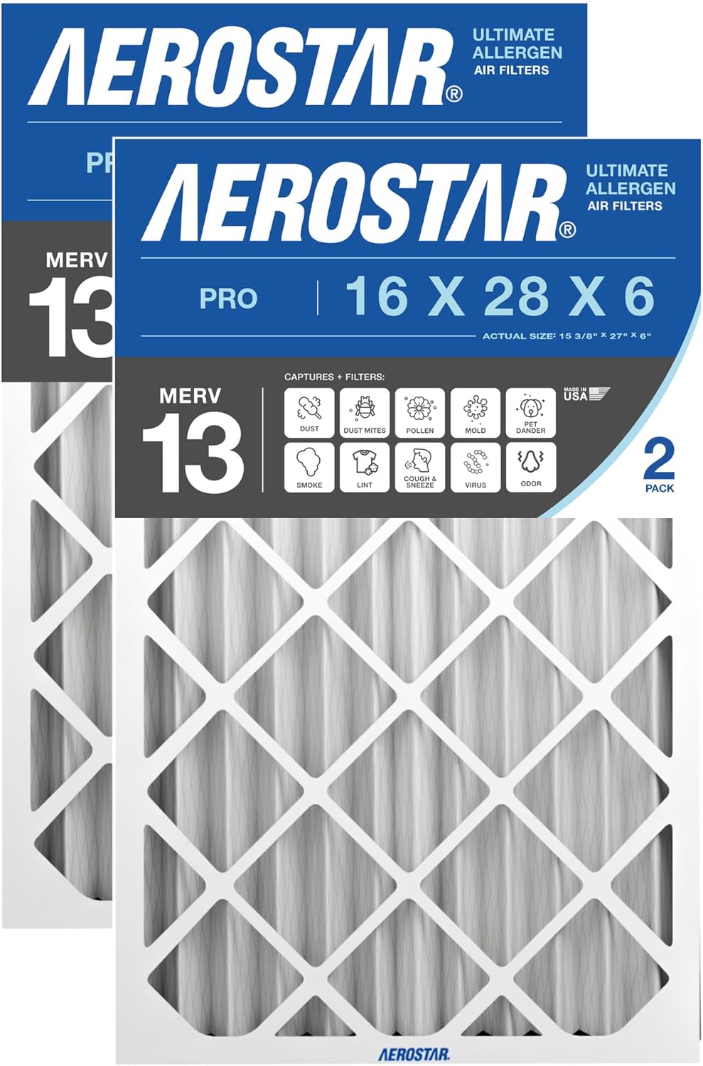 Aerostar 16x28x6 MERV 11-2 Count - Pleated HVAC, Furnace & Air Conditioner Filters - Removes Dust, Cold & Flu Germs, Lint, Mold, Pet Dander, Allergy-Causing Pollen, Smog & Smoke