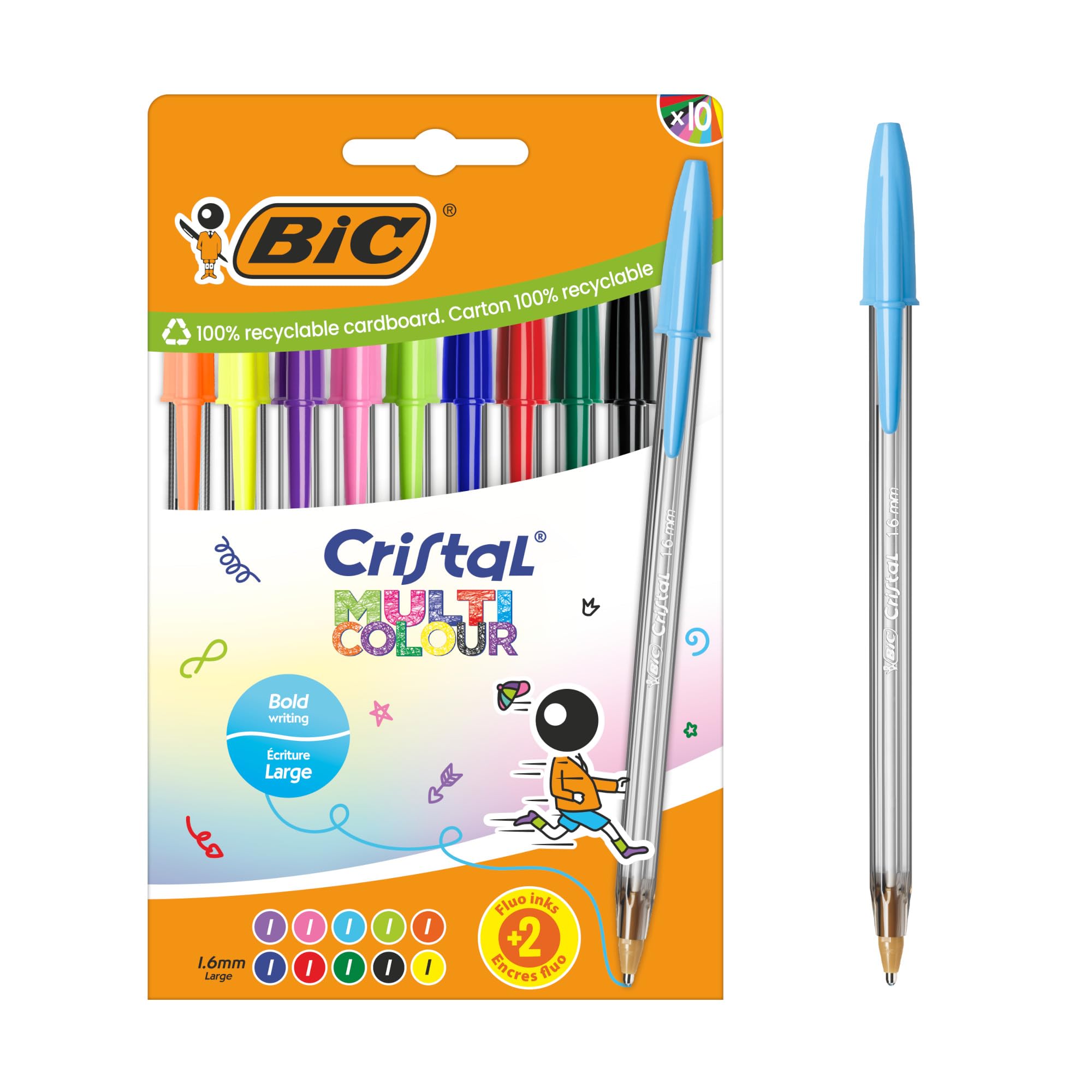 BIC Cristal Multicolour Broad Point Pens (1.6mm) - Classic, Neon and Fun Assorted Colors, Pack of 10