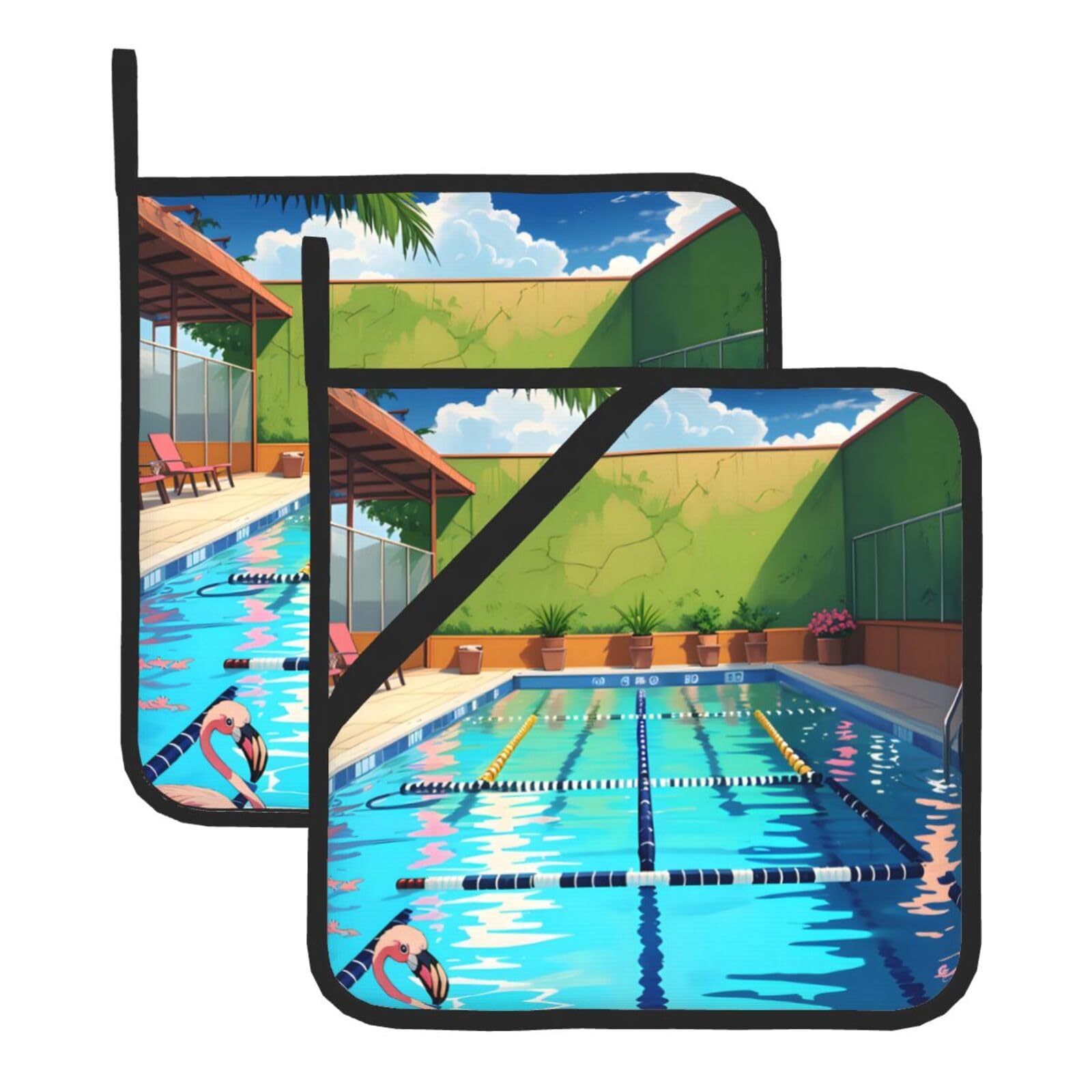 Flamingo and swimming pool Square Heat Resistant Trivet Set Thick and Durable for Baking Barbecue Cookware Oven