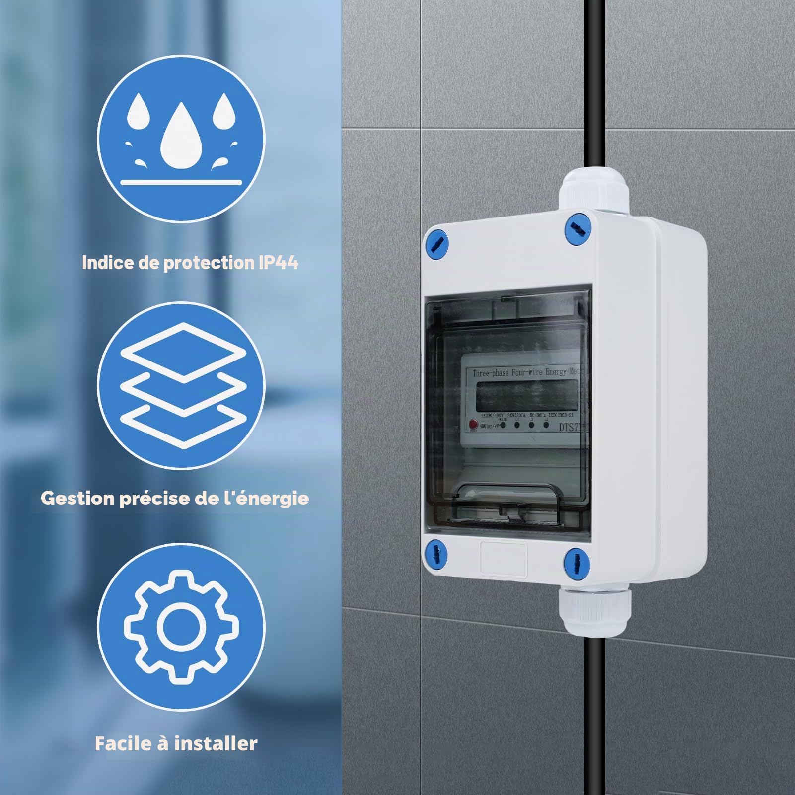 DeWin Compteur électrique numérique Mobile 3 Phases, Compteurs d'énergie avec Fonction de Réinitialisation Compteur Triphasé avec Prise 32A 400V(H07RN-F HR-03X)