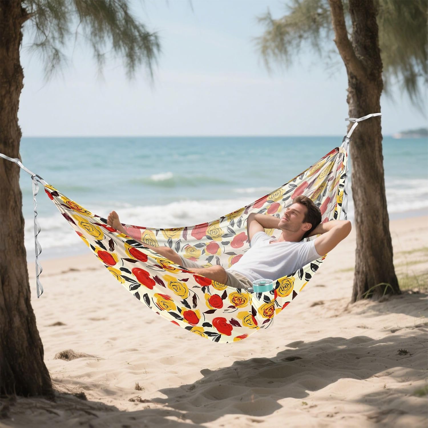 ALAZA Yellow & Red Rose Flowers Camping Hammocks Single or 2 Person 500 lbs Portable Parachute Travel Hammock w/Tree Straps for Hiking Backpacking Indoor Outdoor