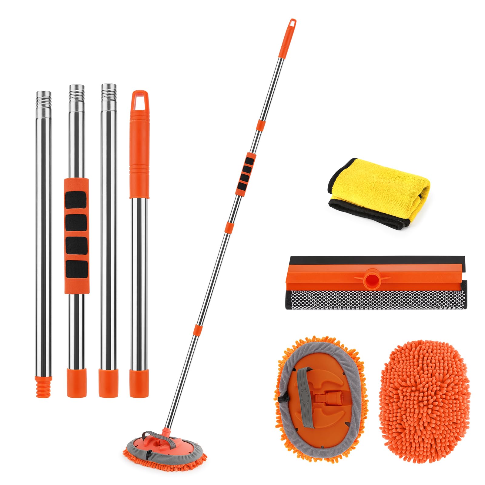 Kit de cepillo de lavado de coche de 62 pulgadas con mango largo, guante de limpieza de microfibra 3 en 1 adecuado para coche, SUV, camión, RV y hogar, sin arañazos, 2 cabezales de fregona