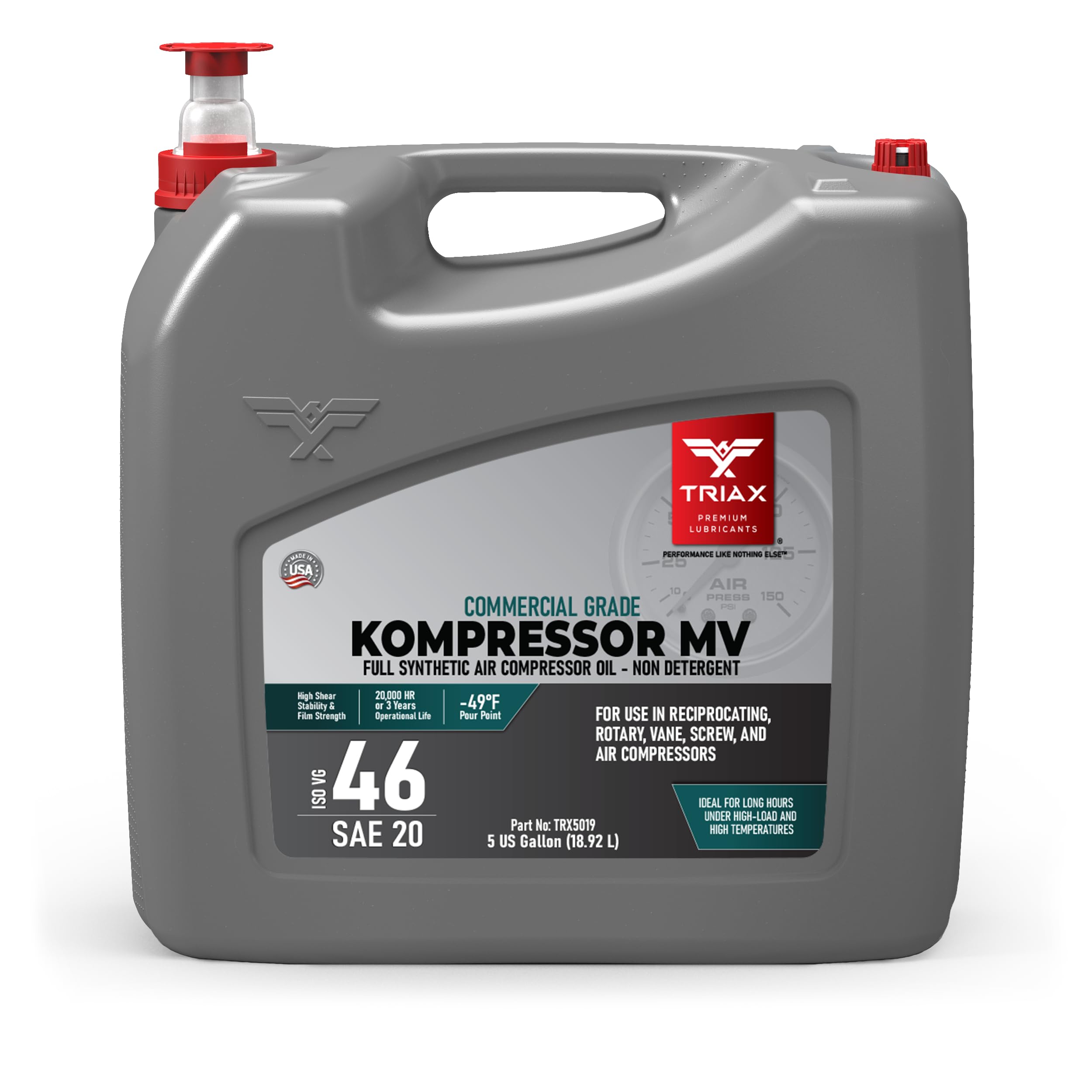 TRIAX Kompressor MV 46 / SAE 20 - Full Synthetic, Multi-Vis Air Compressor Oil - Commercial Grade - for Rotary, Vane, Screw, and Reciprocal - High Temp, 20,000 Hour Life, Non-Detergent (5 Gallon)