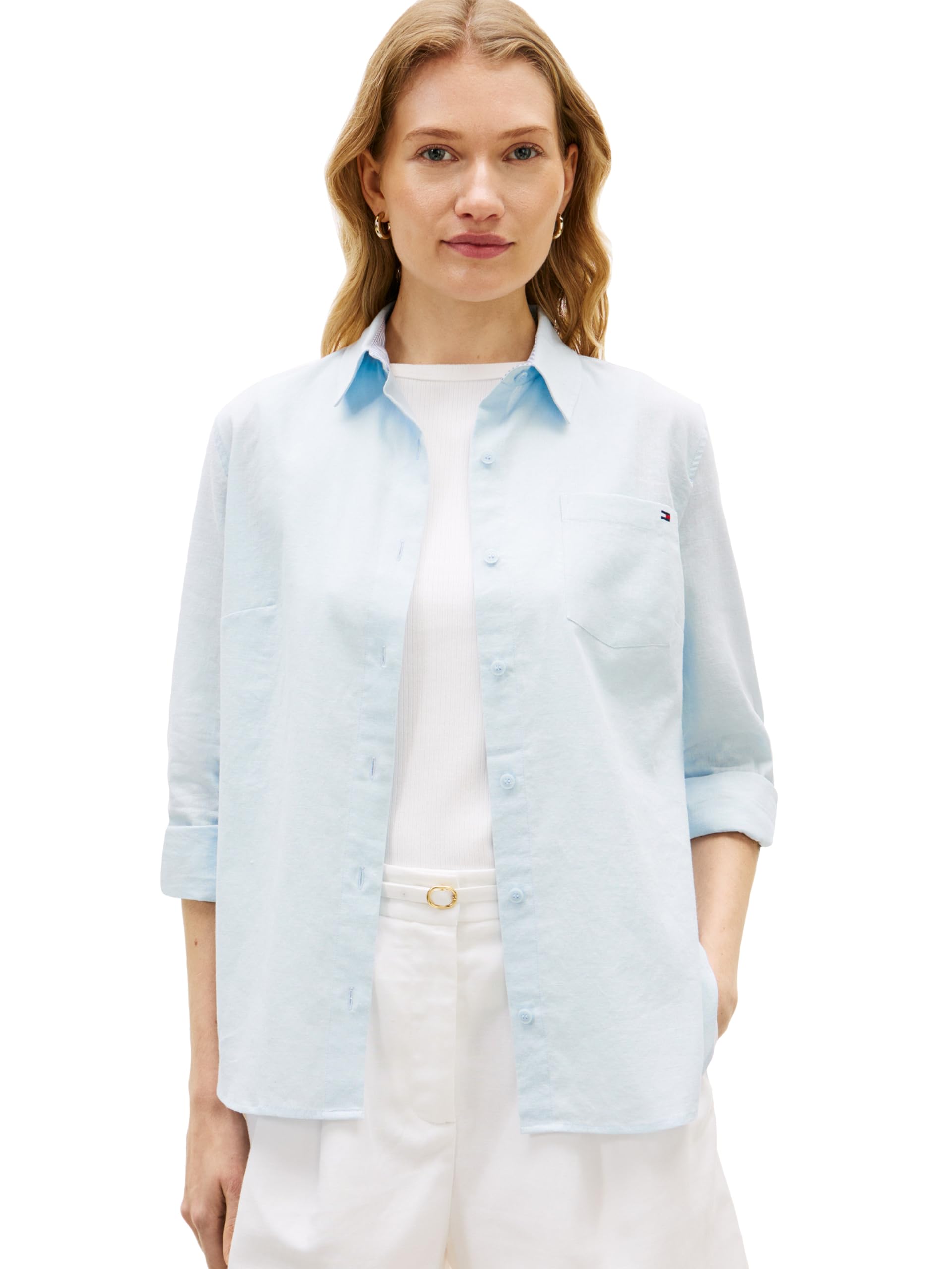 Tommy Hilfiger Women's Regular Linen Roll Tab Long Sleeve Button Up Shirt, Breezy Blue Large