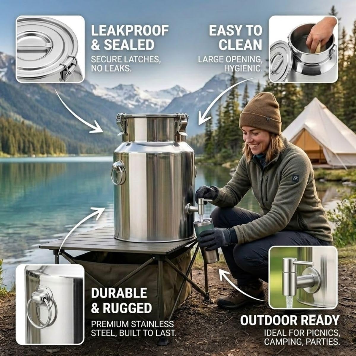 Lechera en Acero Inoxidable 304, Jarra para Agua con Grifo 5-125 L | Bidón Hermético para Aceite, Contenedor Alimentos y Barril Dispensador Bebidas Camping(With Spigot,48L)